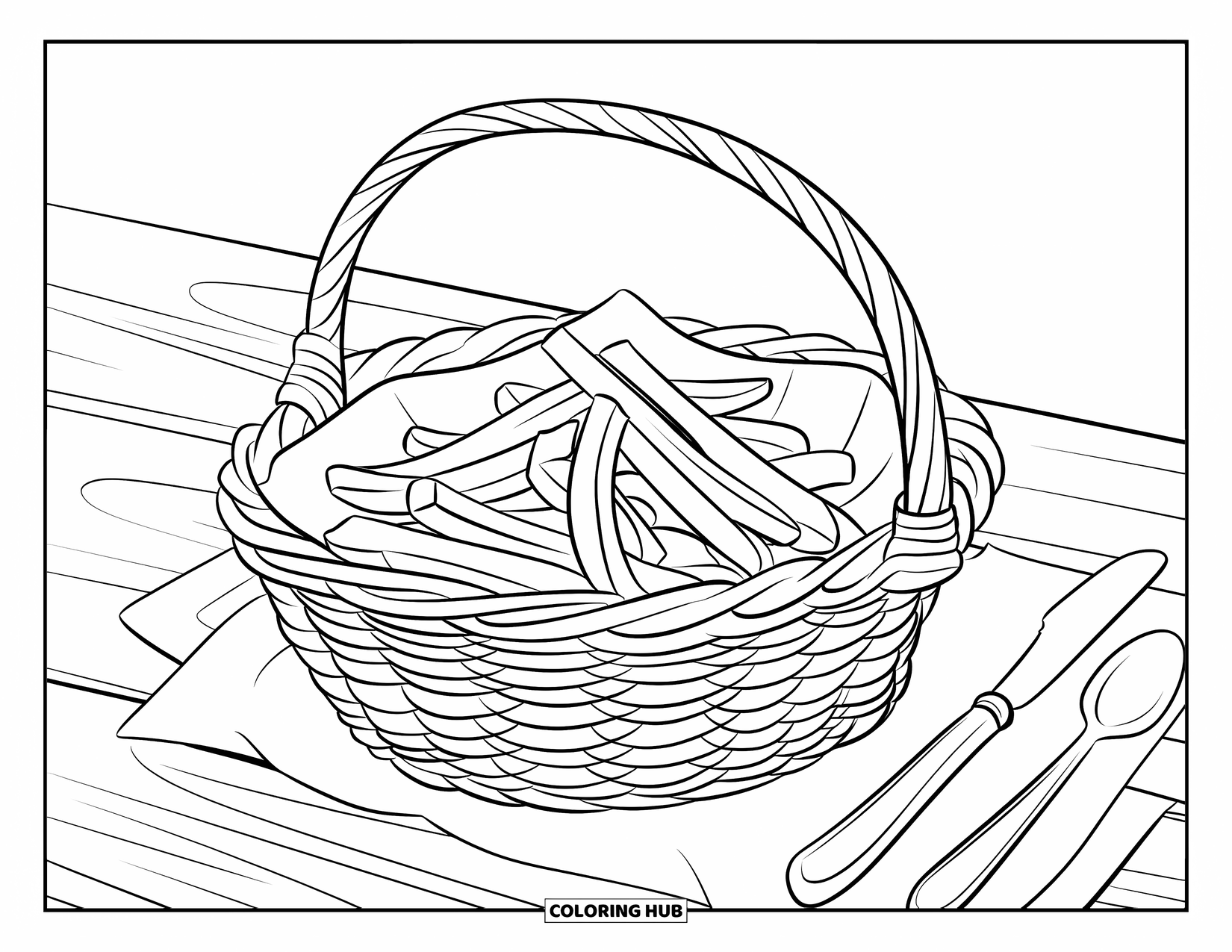 French Fries Coloring Page for Kids: Fries fill a basket with paper liner and utensils beside it on a table