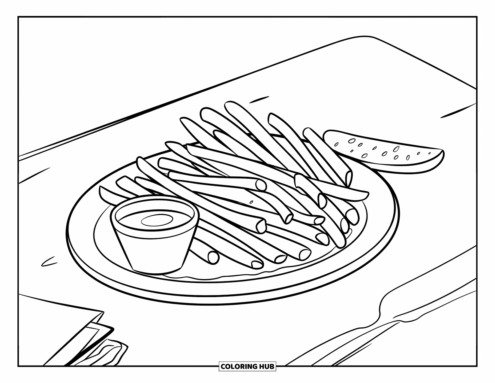 French Fries Coloring Page for Kids: Fries, pickle, and ketchup sit on a clean white table in a bold outlined style