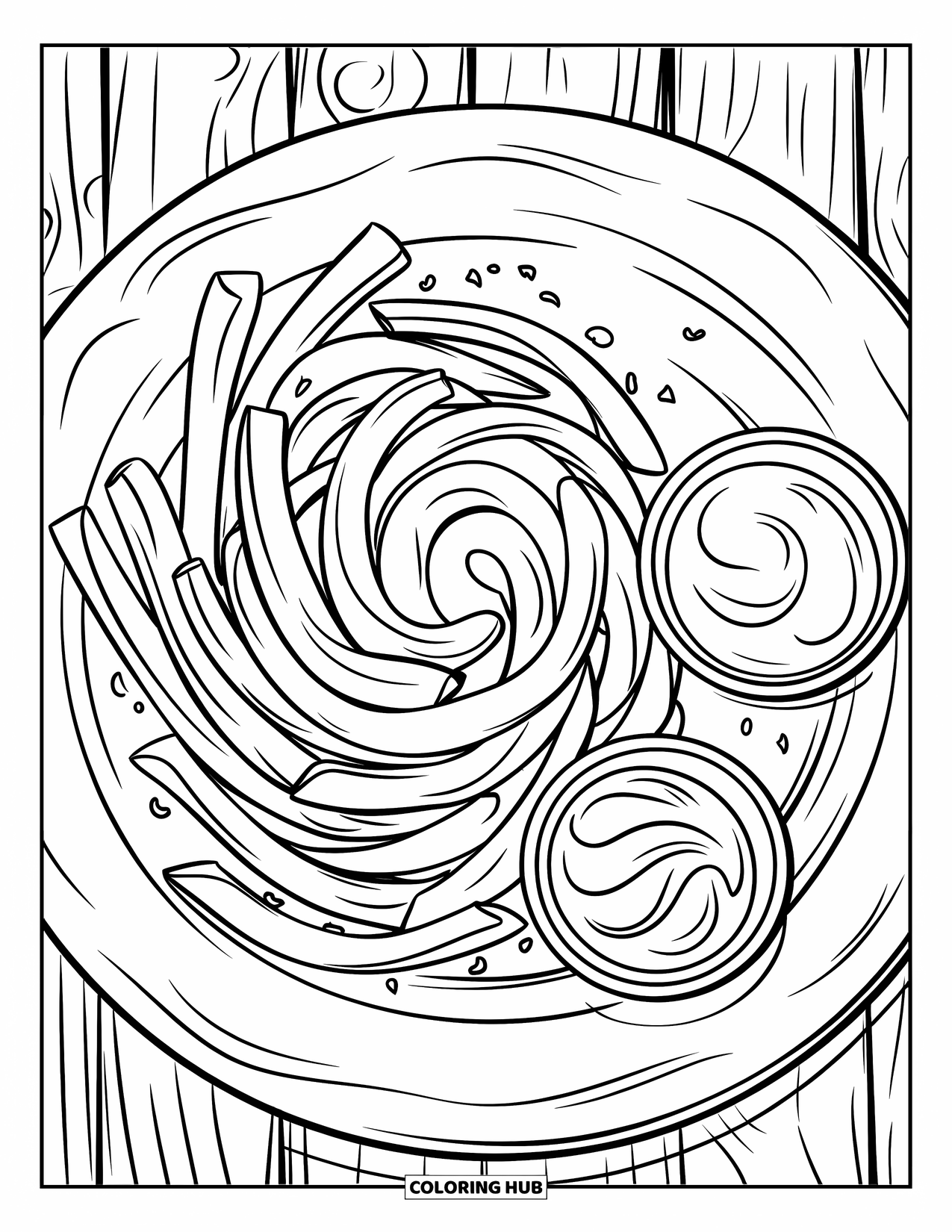 French Fries Coloring Page for Kids: Spiral curly fries sit with sauces and crumbs on a wood surface