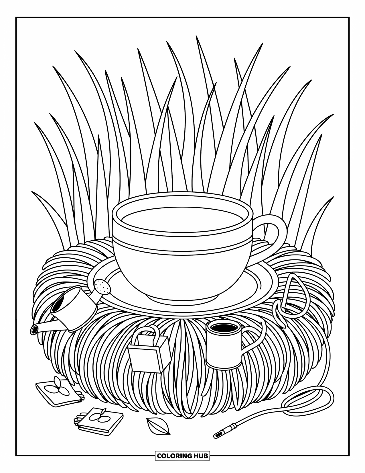 Grass Coloring Page for Adults: A cozy teacup rests in a soft nest of grass with garden tools