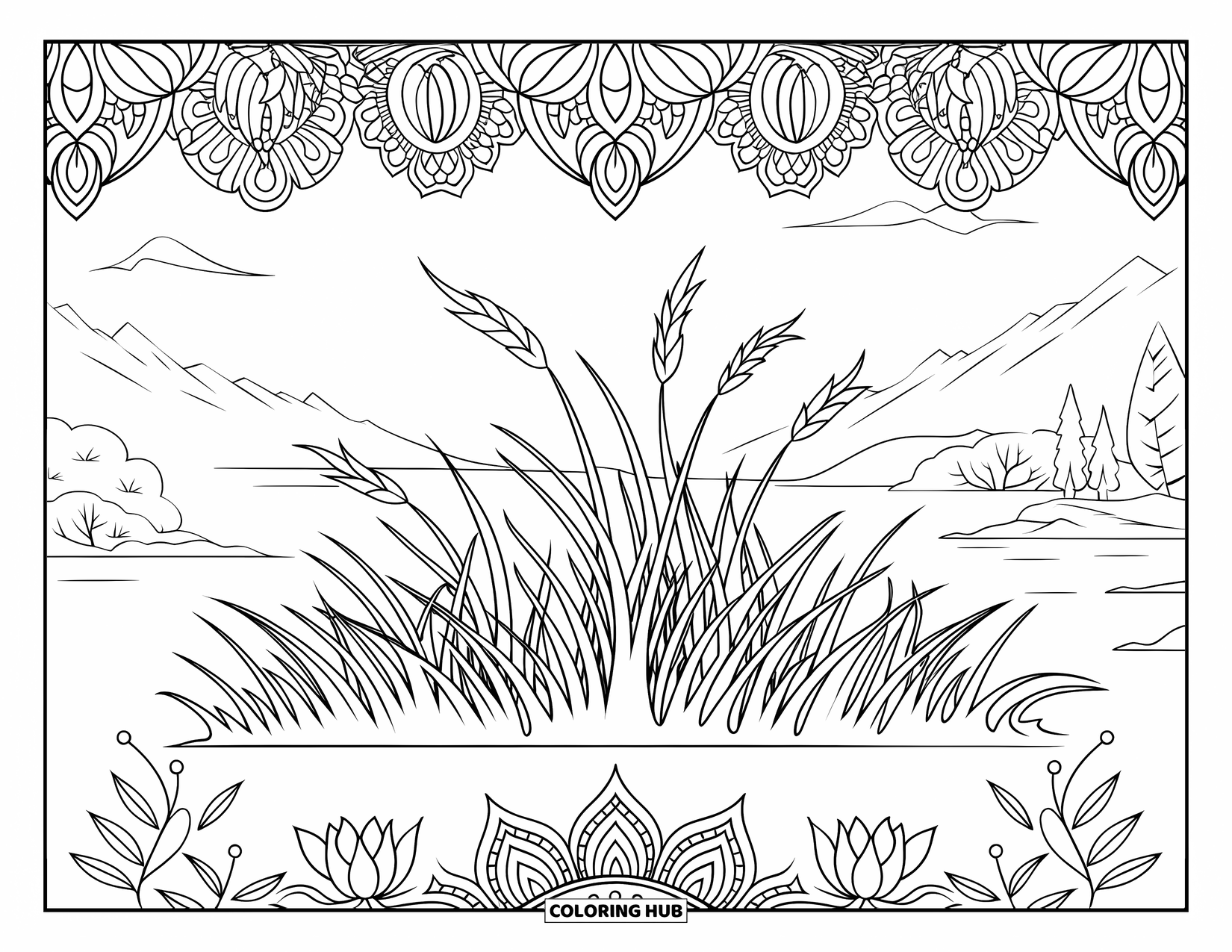 Grass Coloring Page for Adults: A grass patch sways in the wind, framed by a lotus-filled mandala and mountains