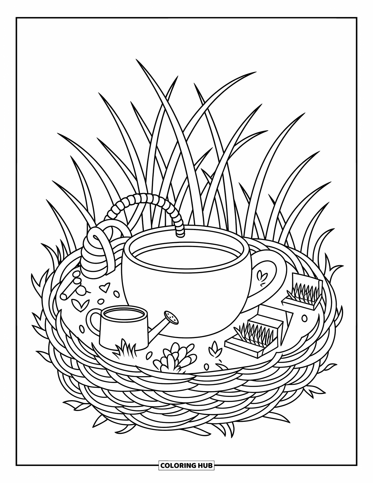 Grass Coloring Page for Adults: A soft grass patch cradles a teacup with cute garden miniatures all around