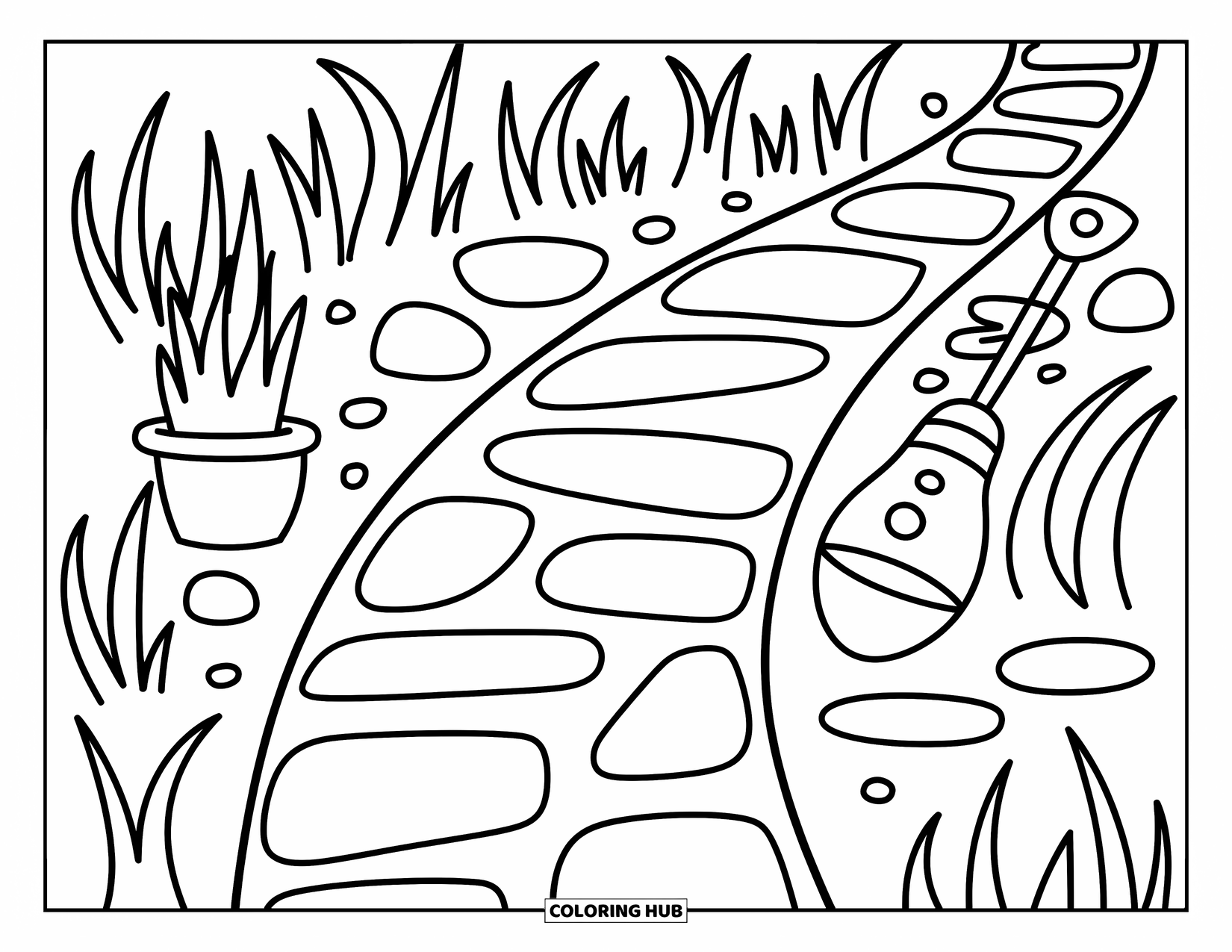 Grass Coloring Page for Adults: A winding path with potted plants, a spade, and swirling grass curls playfully