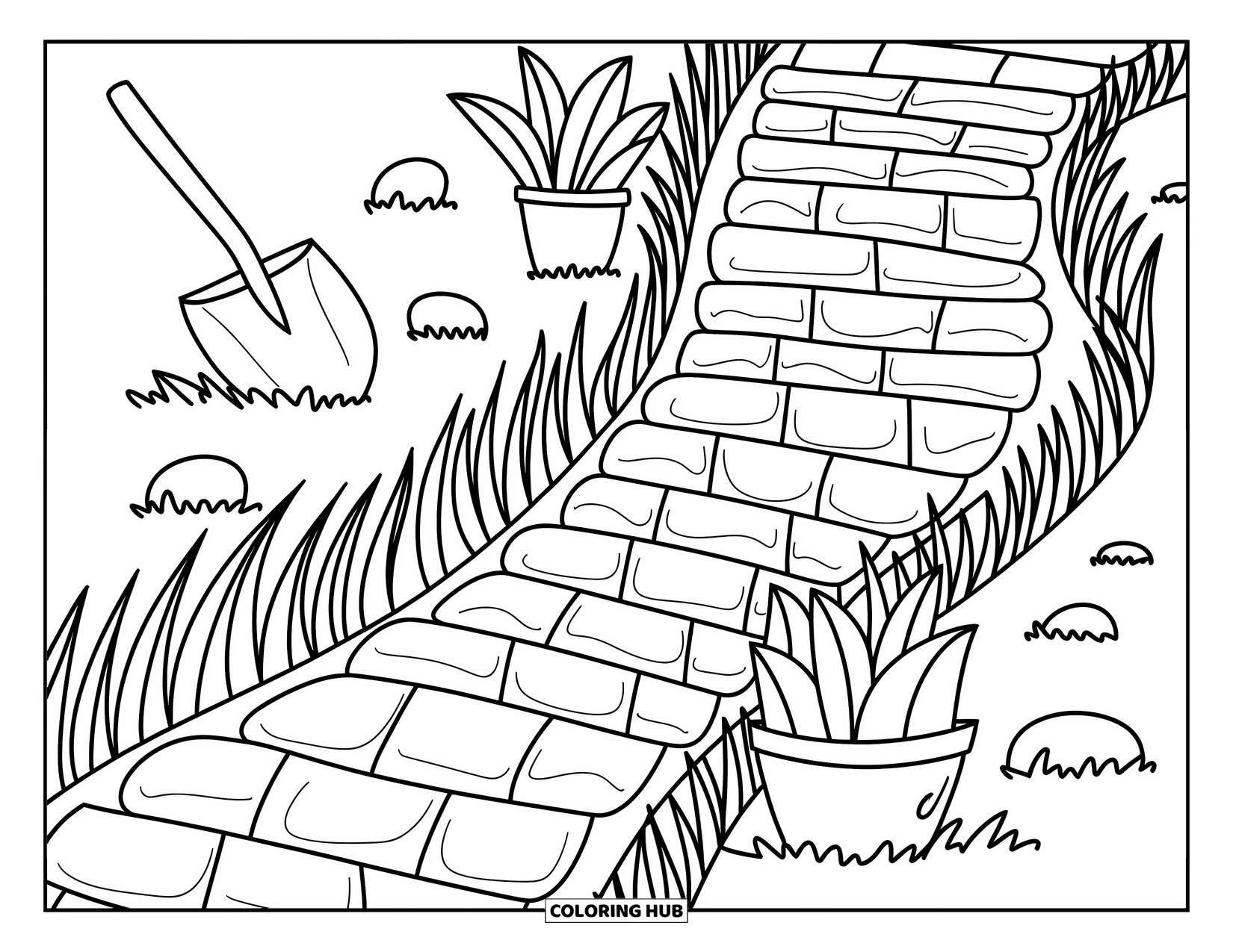 Grass Coloring Page for Adults: A winding stone path is hugged by grass, plants, and scattered garden tools