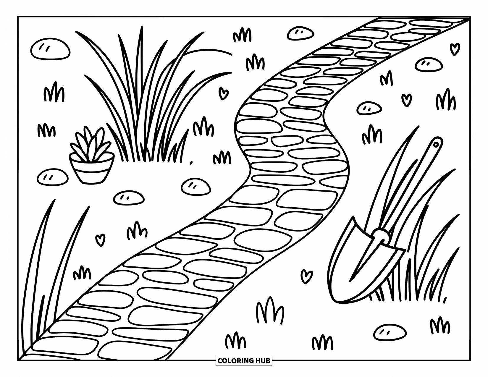 Grass Coloring Page for Adults: Curly grass lines a path with cozy potted plants and tiny garden tools