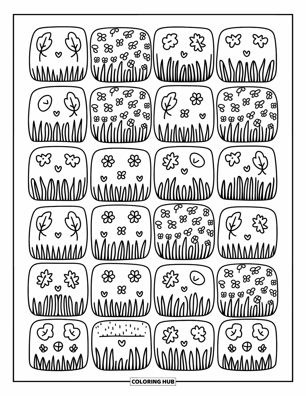 Grass Coloring Page for Adults: Cute garden tools and leaves are scattered across uneven grass patch squares