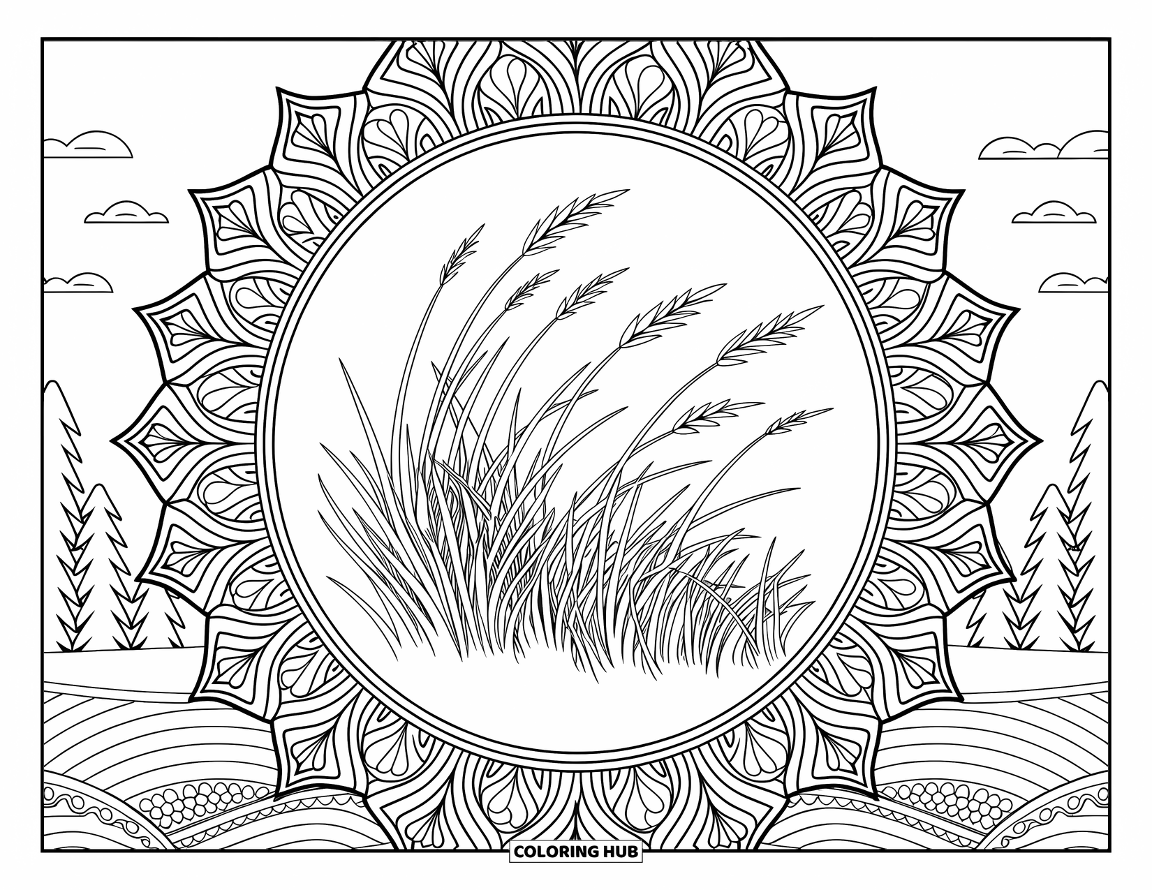 Grass Coloring Page for Adults: Flowing grass sits at the center of a detailed mandala with peaceful landscape views