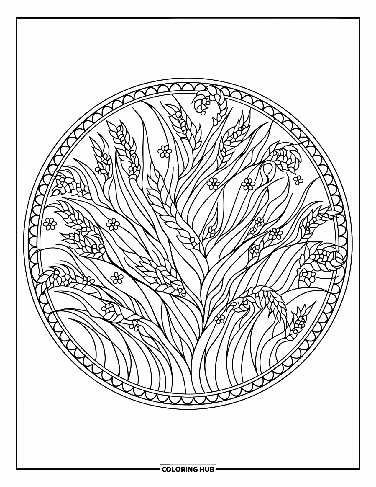 Grass Coloring Page for Adults: Layered grass and flowers fill a circular mandala with interlocking patterns