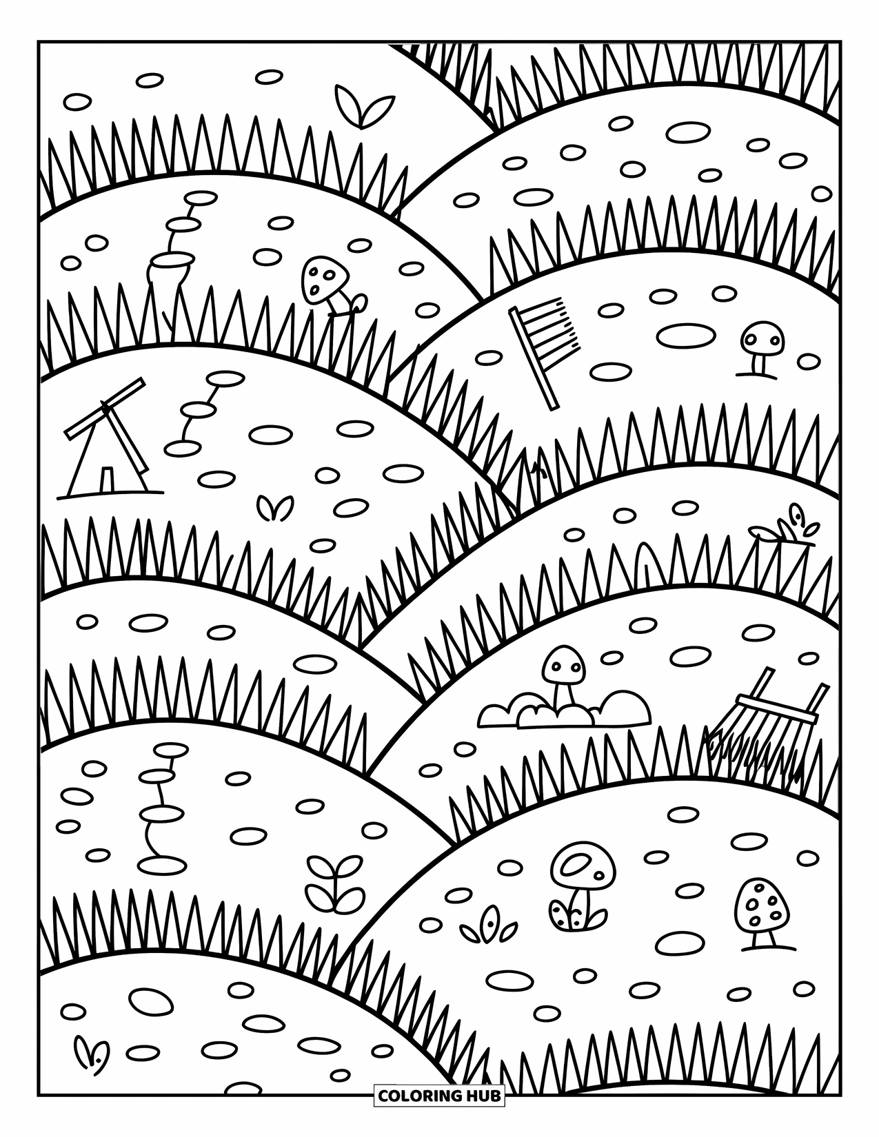 Grass Coloring Page for Adults: Layered hills with cute tools and mushrooms sway with gentle grass blades
