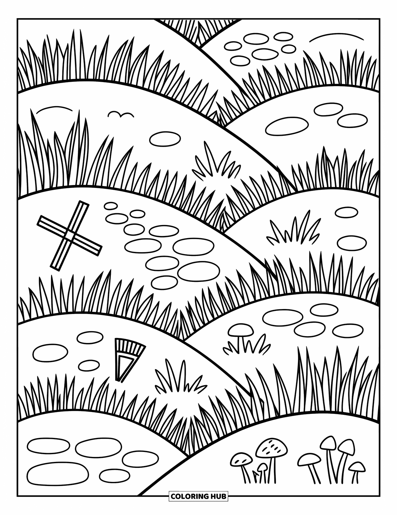 Grass Coloring Page for Adults: Rolling hills with grass tufts and tiny tools create a cozy, playful scene