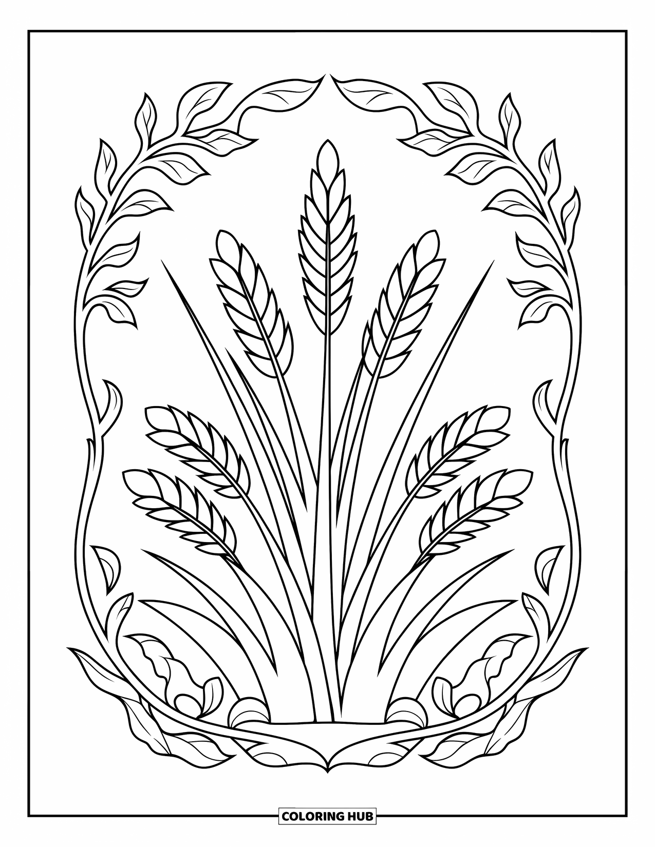 Grass Coloring Page for Adults: Stylized grass blades are framed by an ornate vine border on a calm page