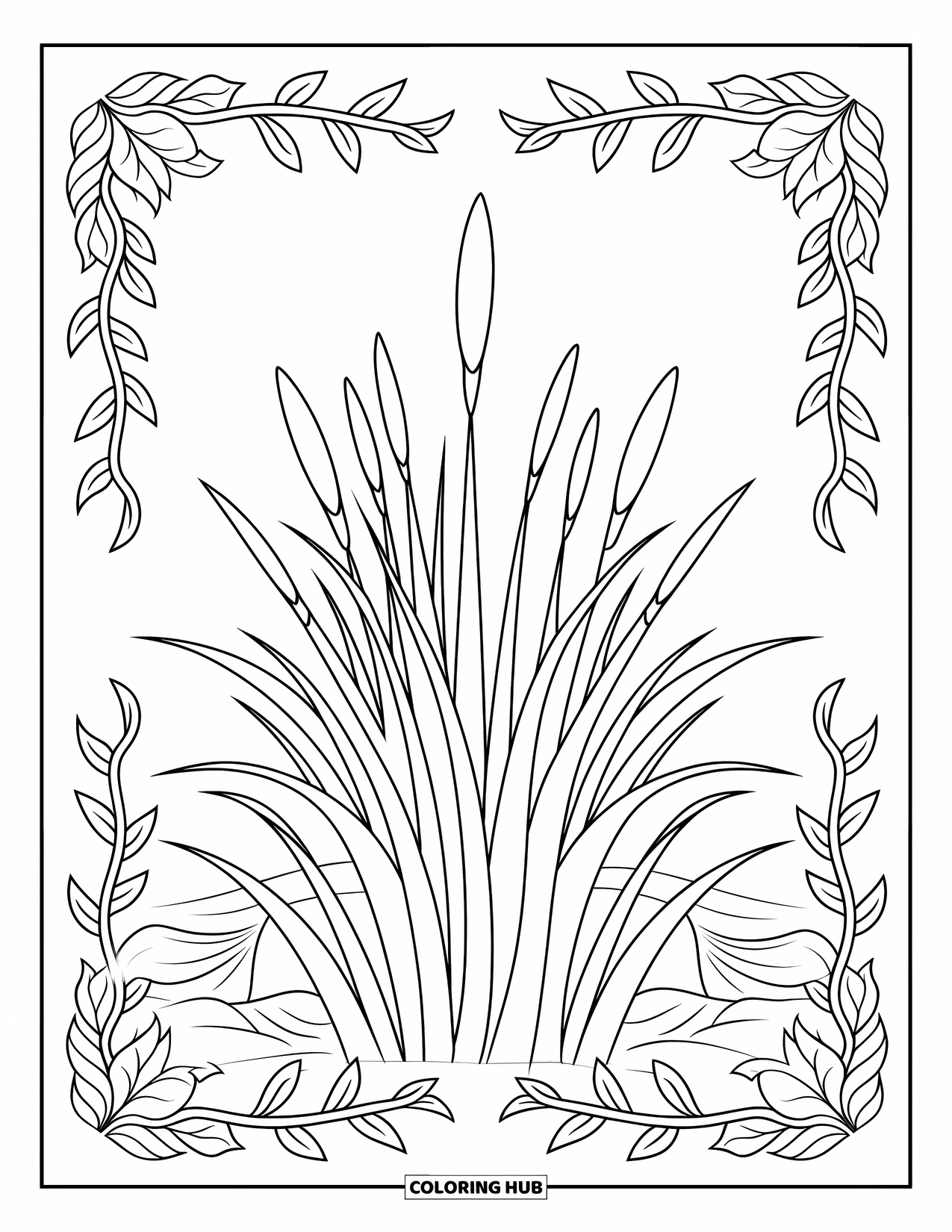 Grass Coloring Page for Adults: Tall grass blades rise inside a swirling border of leaves and vines