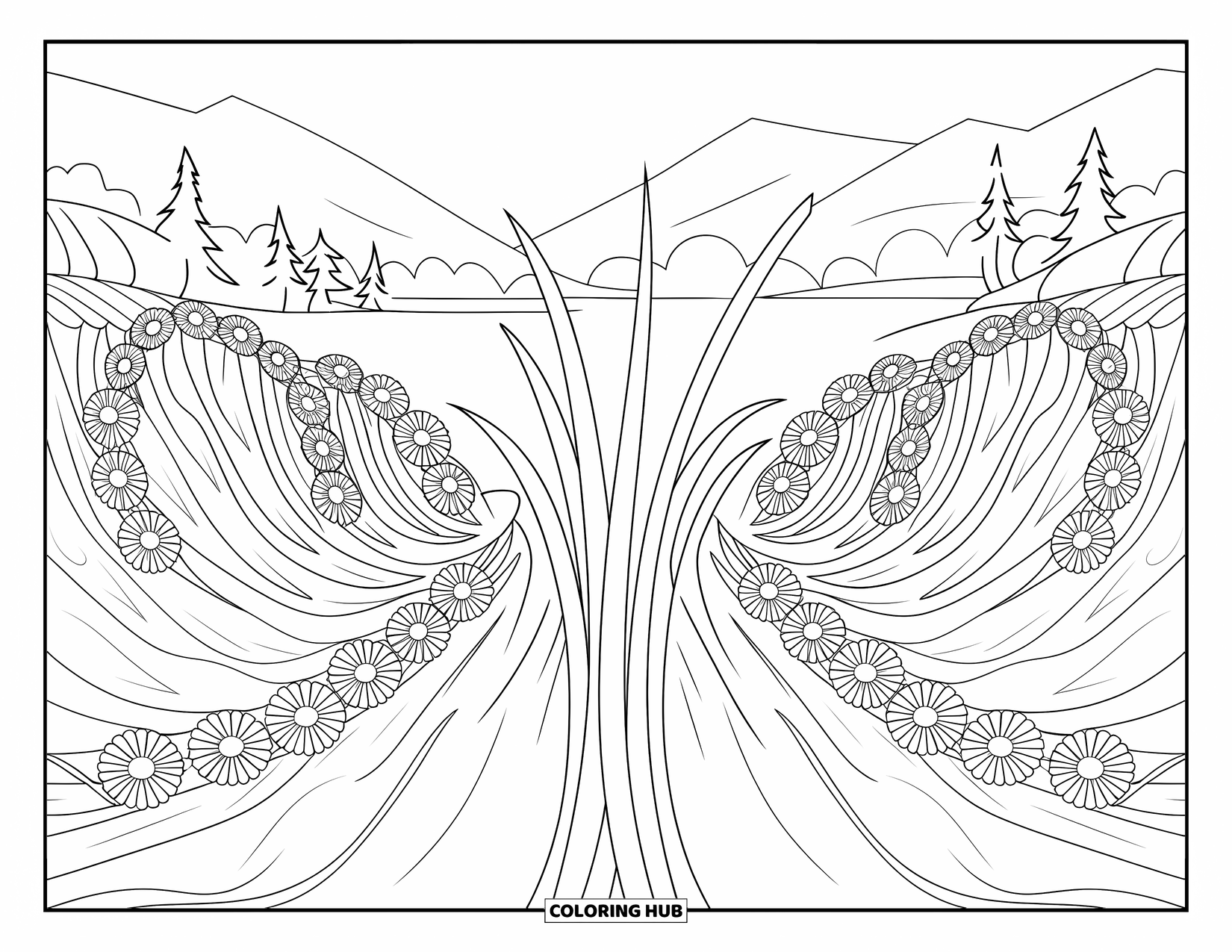 Grass Coloring Page for Adults: Wavy grass sways inside floral rings with mountains and water in the background