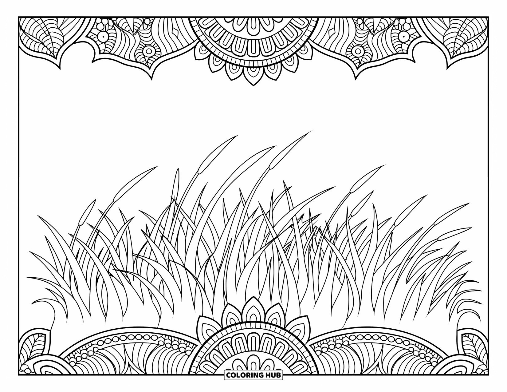 Grass Coloring Page for Adults: Wind-blown grass is framed by a detailed mandala with a serene mountain scene