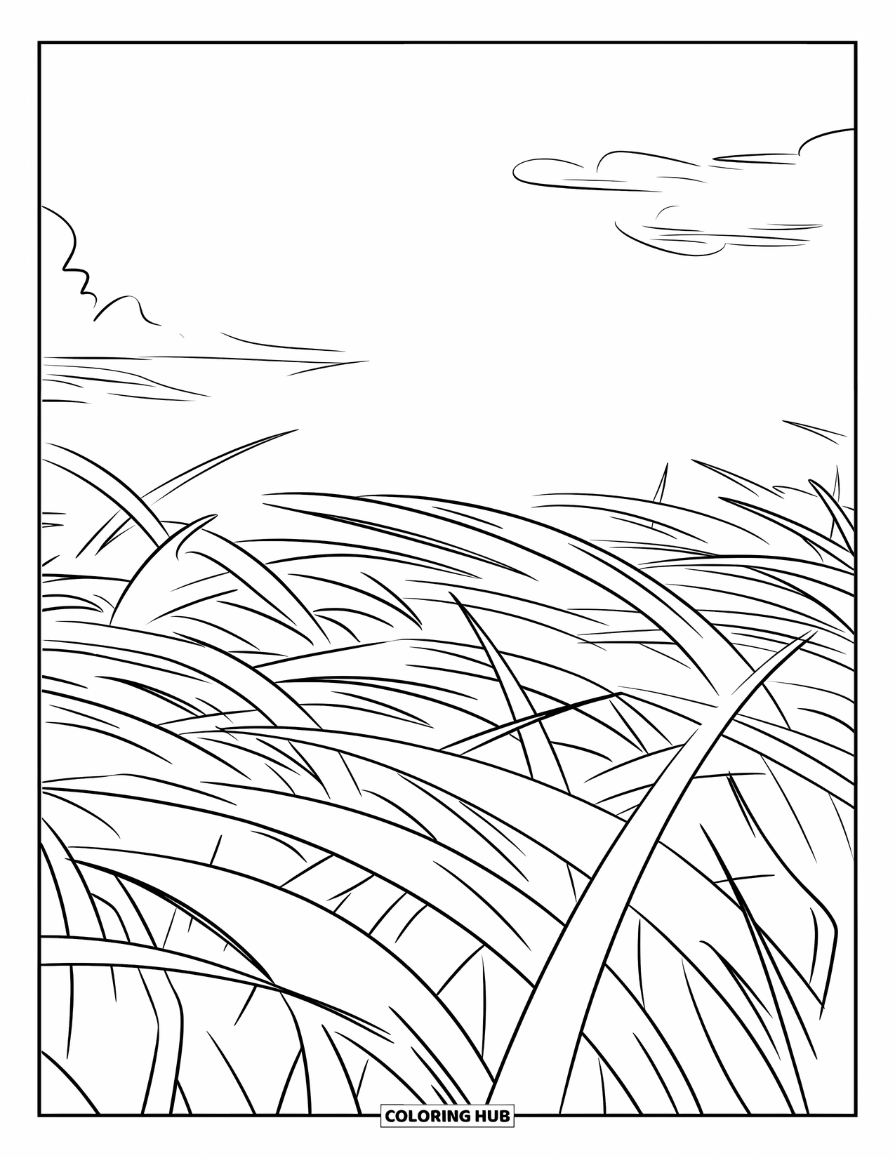 Grass Coloring Page for Kids: A field of leaning grass blades sways gently under the sky