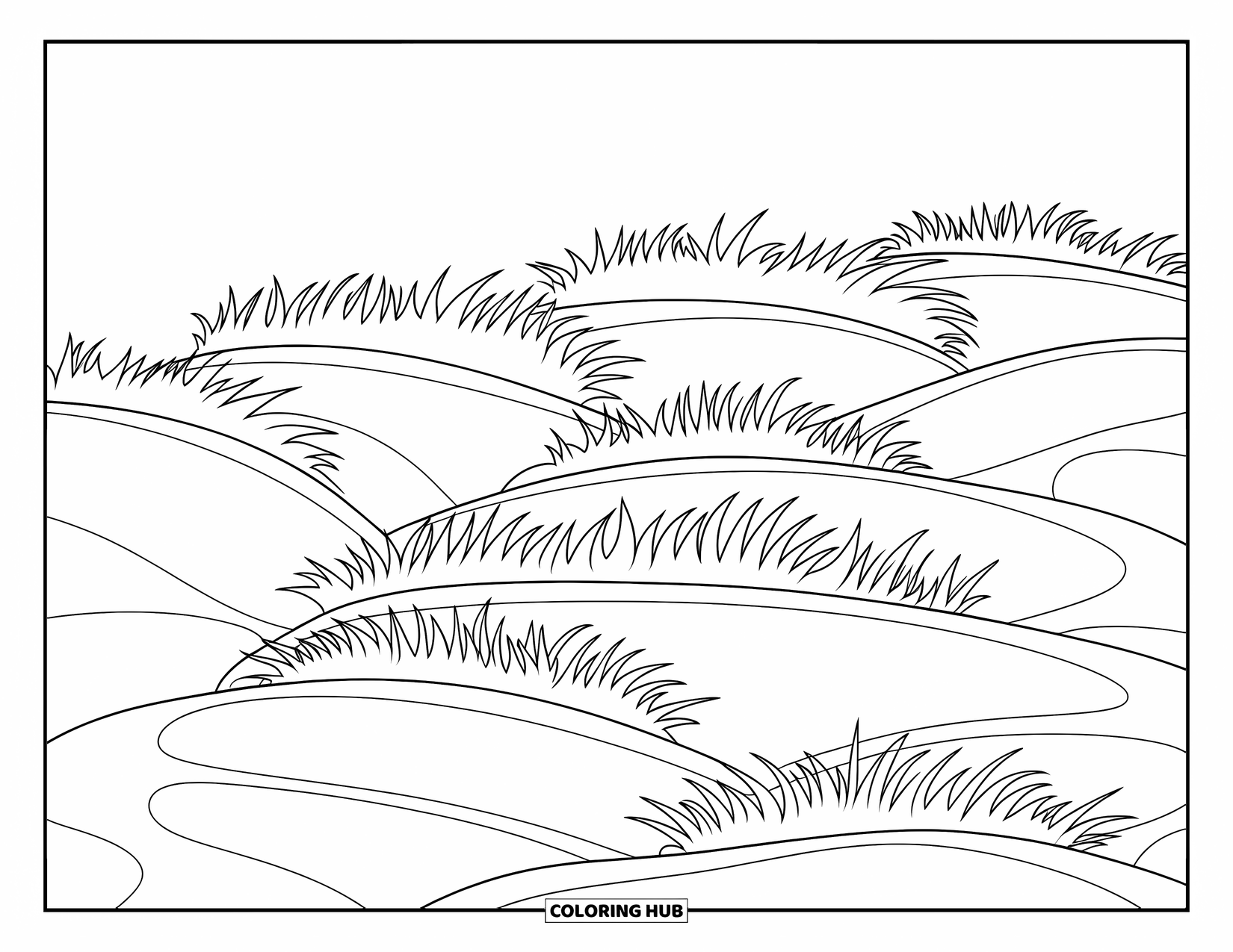 Grass Coloring Page for Kids: A hillside is filled with neat, wavy grass patches