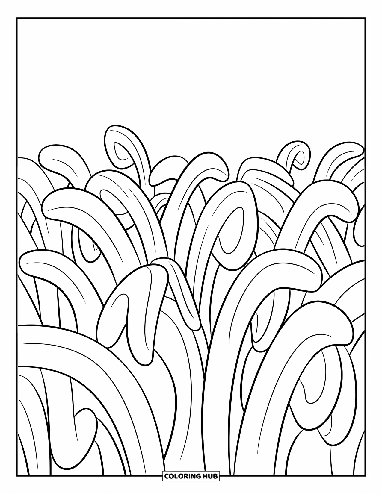 Grass Coloring Page for Kids: Big, wavy grass blades grow in rows across an empty field