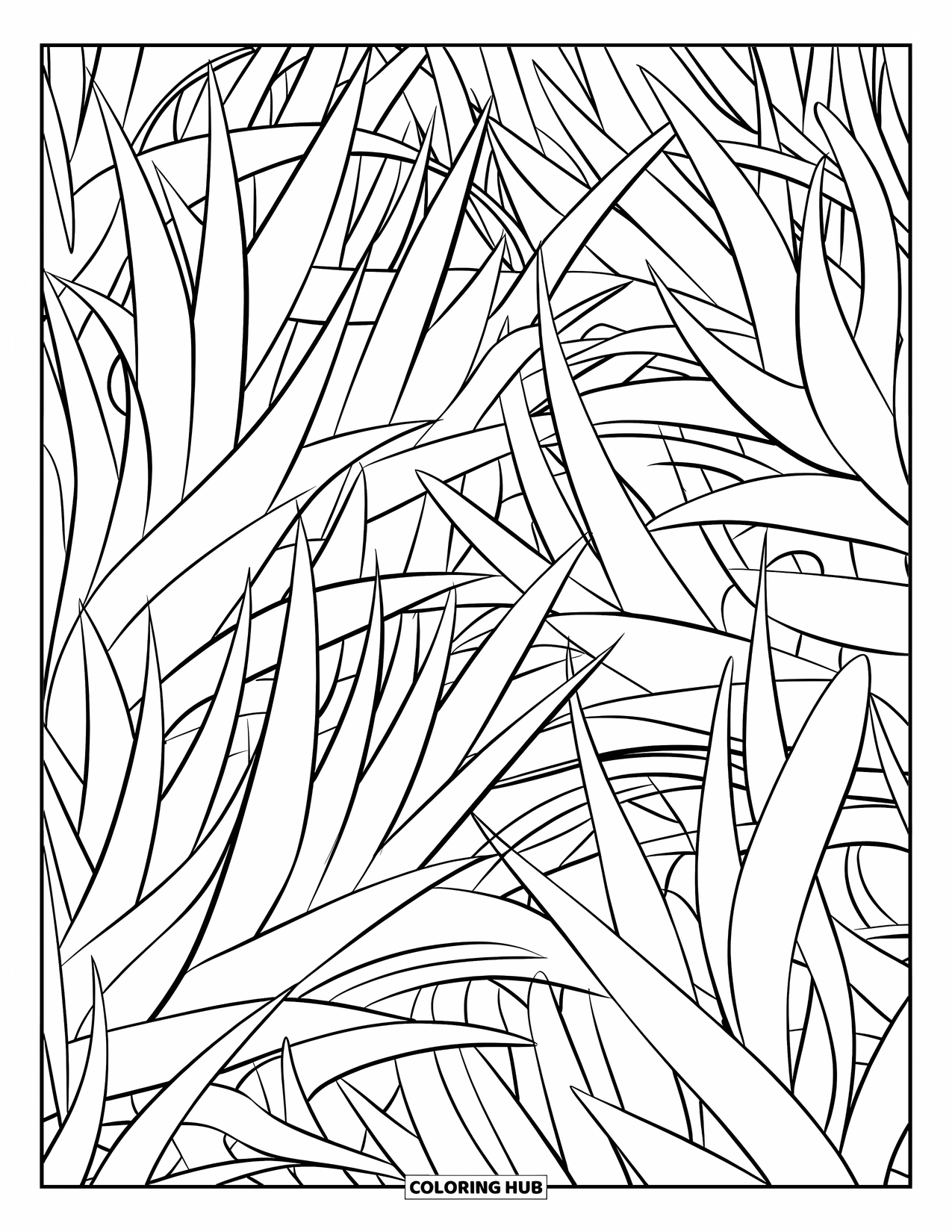 Grass Coloring Page for Kids: Blades of grass stand at every angle across the page