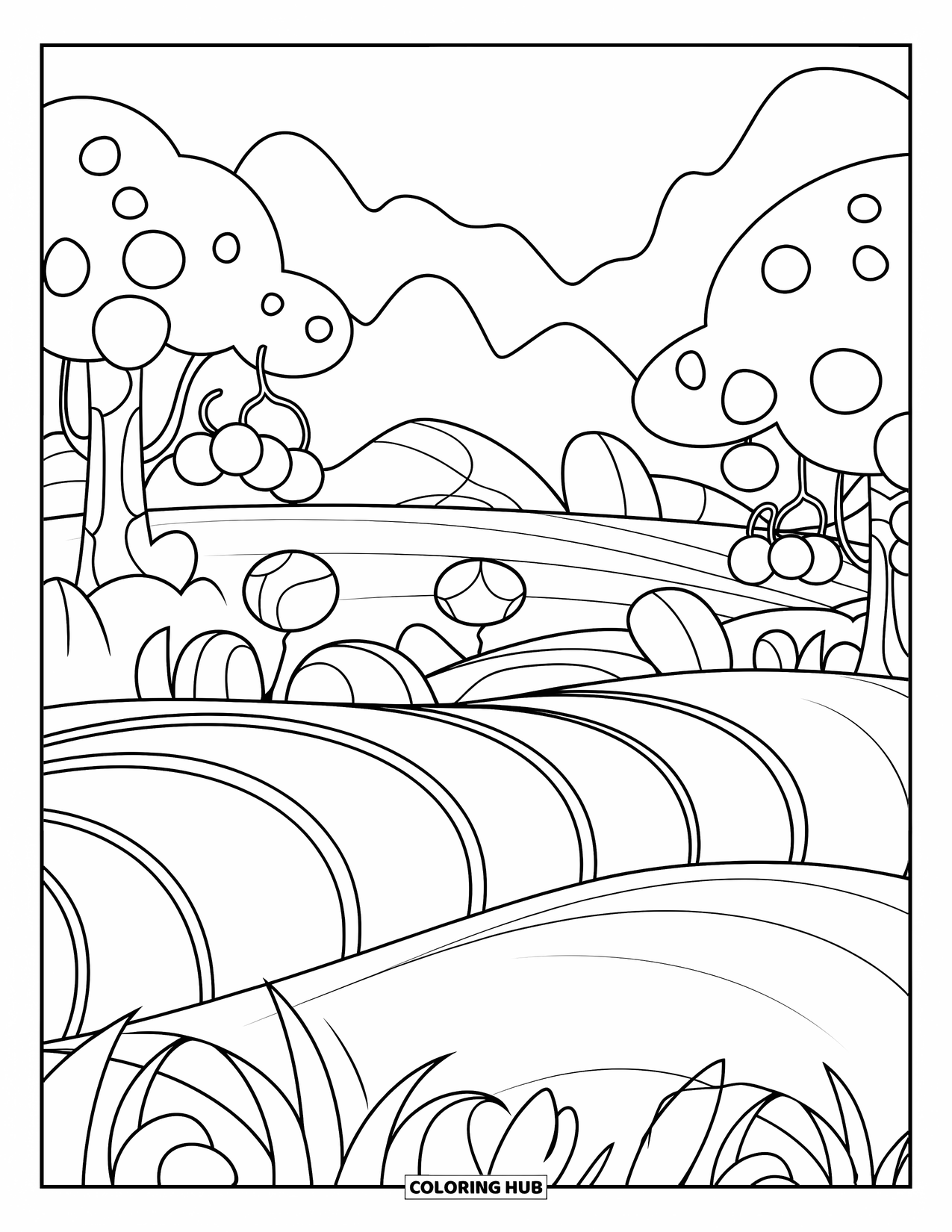 Grass Coloring Page for Kids: Curved grass rows grow near trees with round fruits and soft mountains