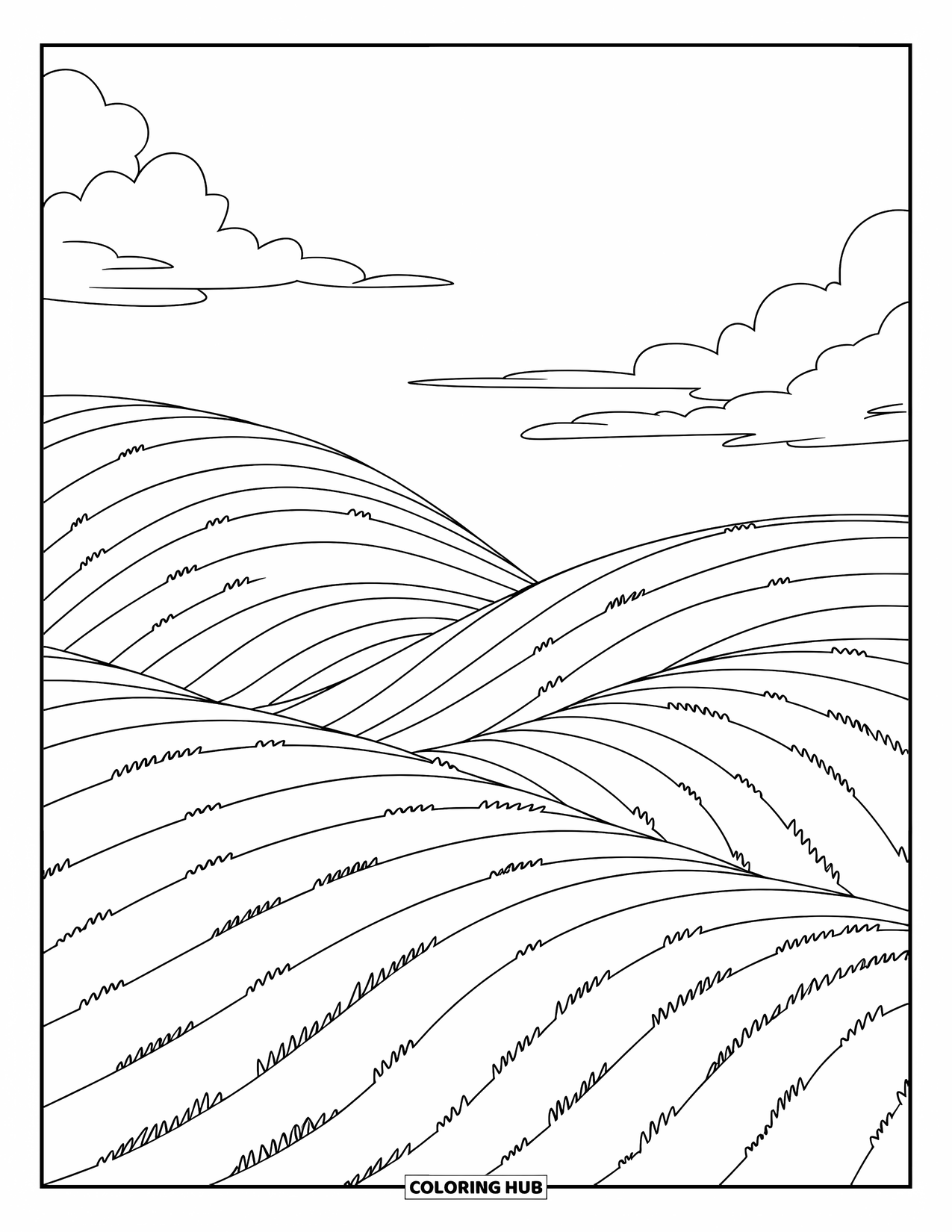 Grass Coloring Page for Kids: Curved hills are filled with layers of soft green grass