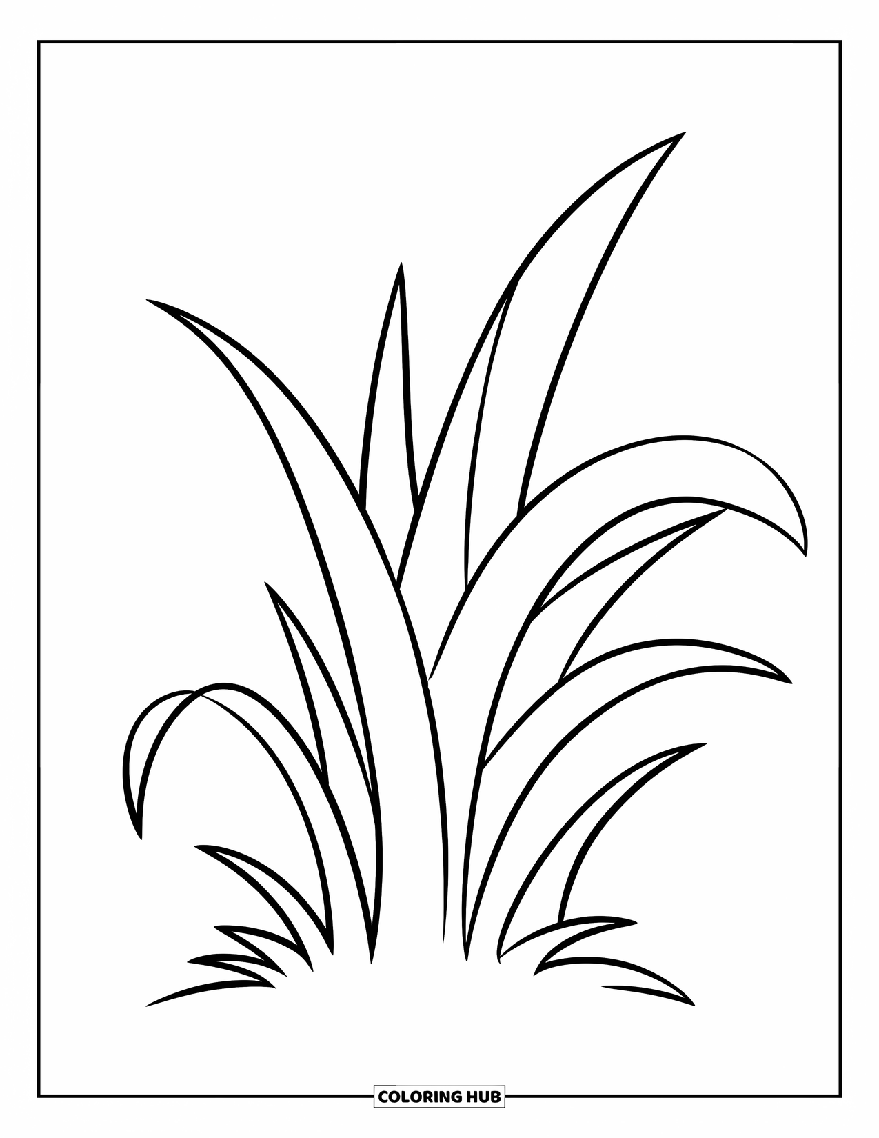 Grass Coloring Page for Kids: Five curved grass blades grow gently from a small patch