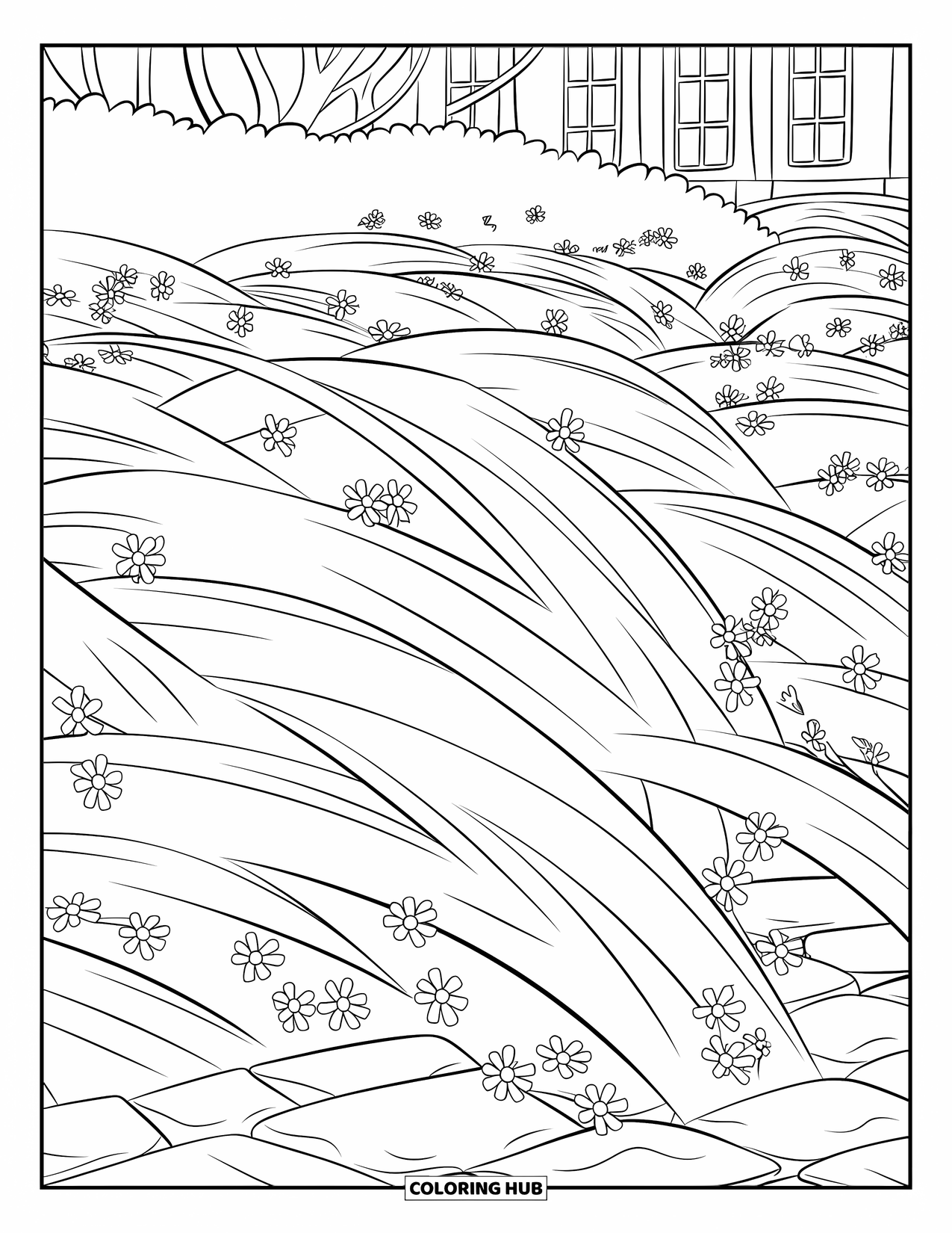 Grass Coloring Page for Kids: Grass and flowers grow near trees and a quiet building