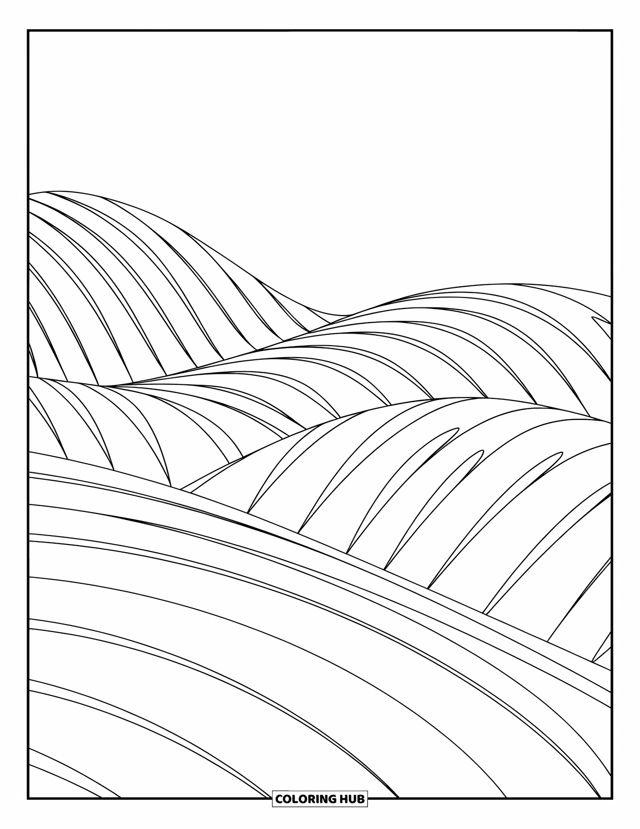 Grass Coloring Page for Kids: Layered hills feature crisp grass lines with bold outlines