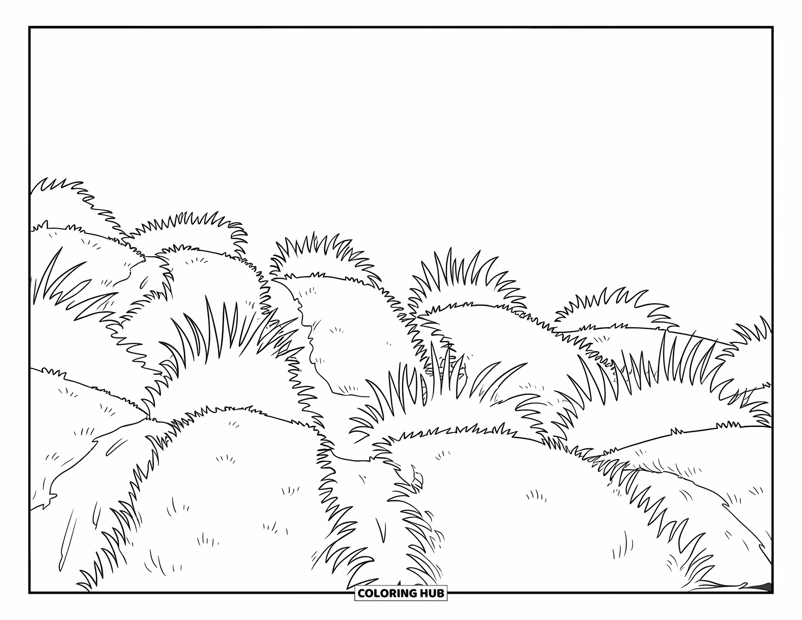 Grass Coloring Page for Kids: Sharp-edged grass lines ripple across a soft slope