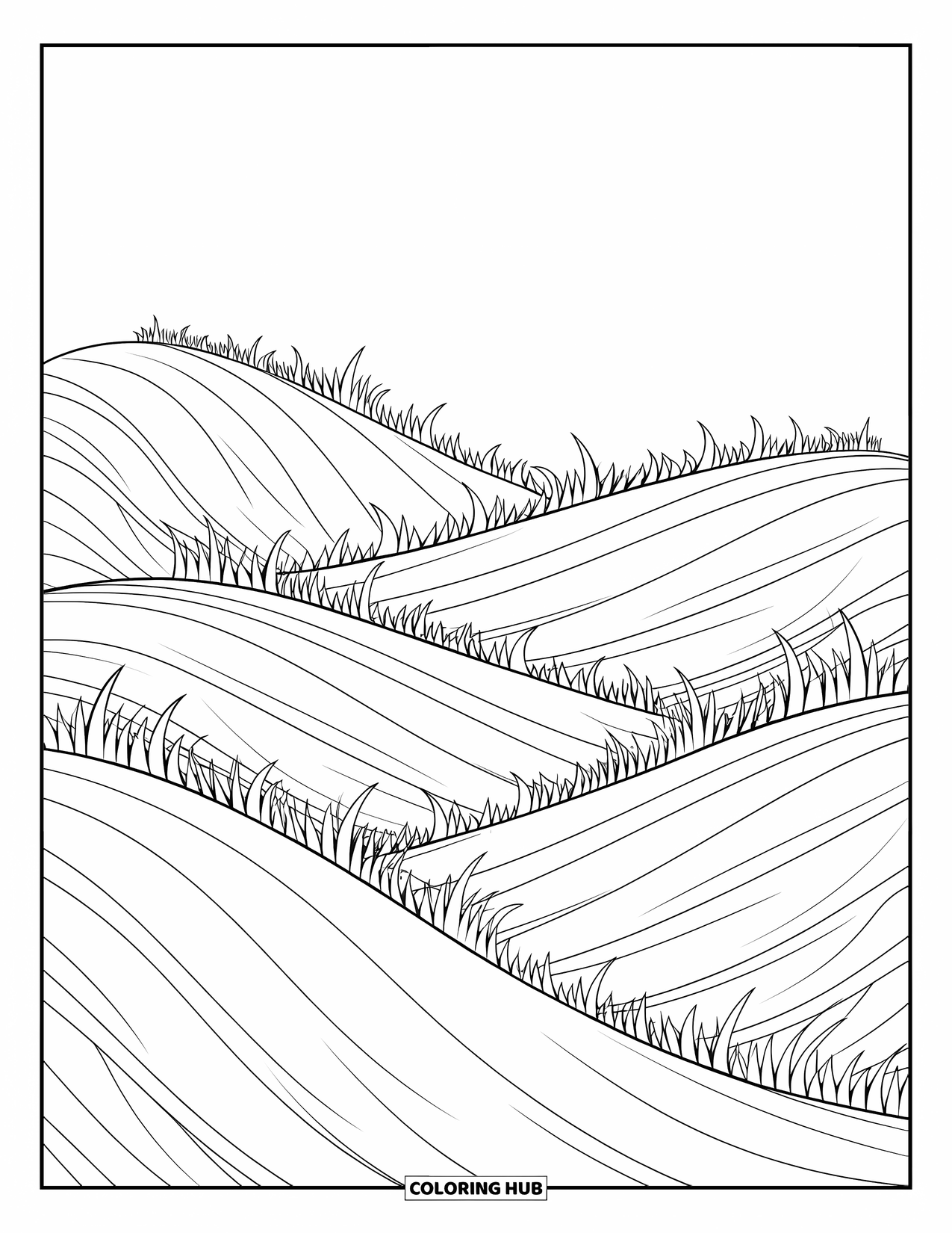 Grass Coloring Page for Kids: Smooth hills are covered in neat layers of curved grass