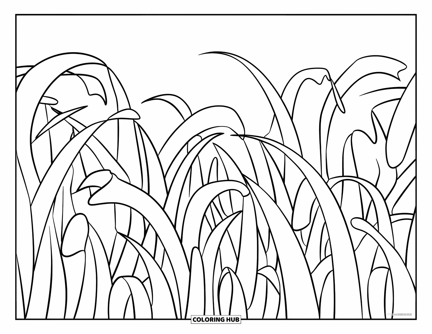 Grass Coloring Page for Kids: Tall, chunky grass blades sway side to side in rows