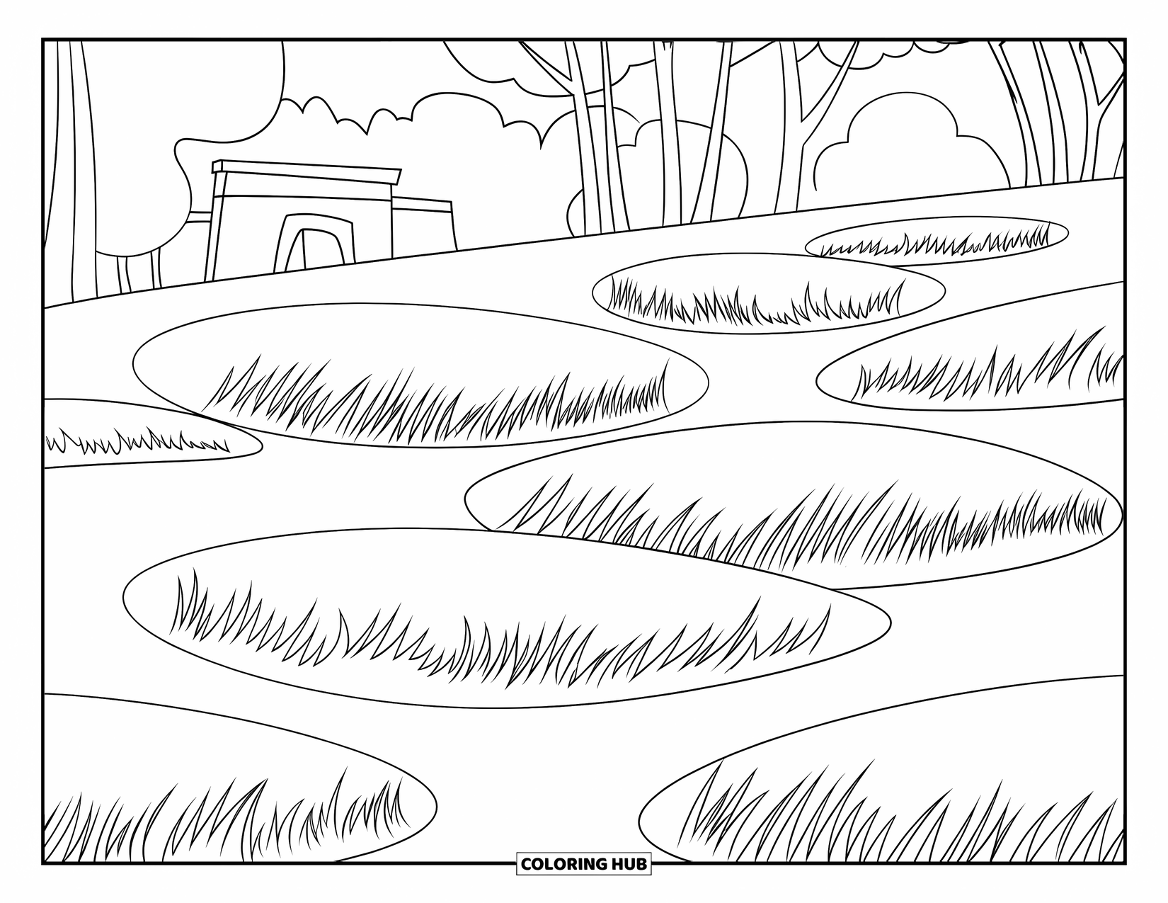 Grass Coloring Page for Kids: Wave-like grass lines stretch across a sloped hill