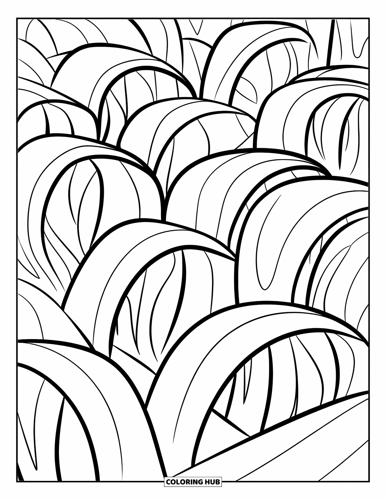 Grass Coloring Page for Kids: Wavy grass blades grow in large, playful rows