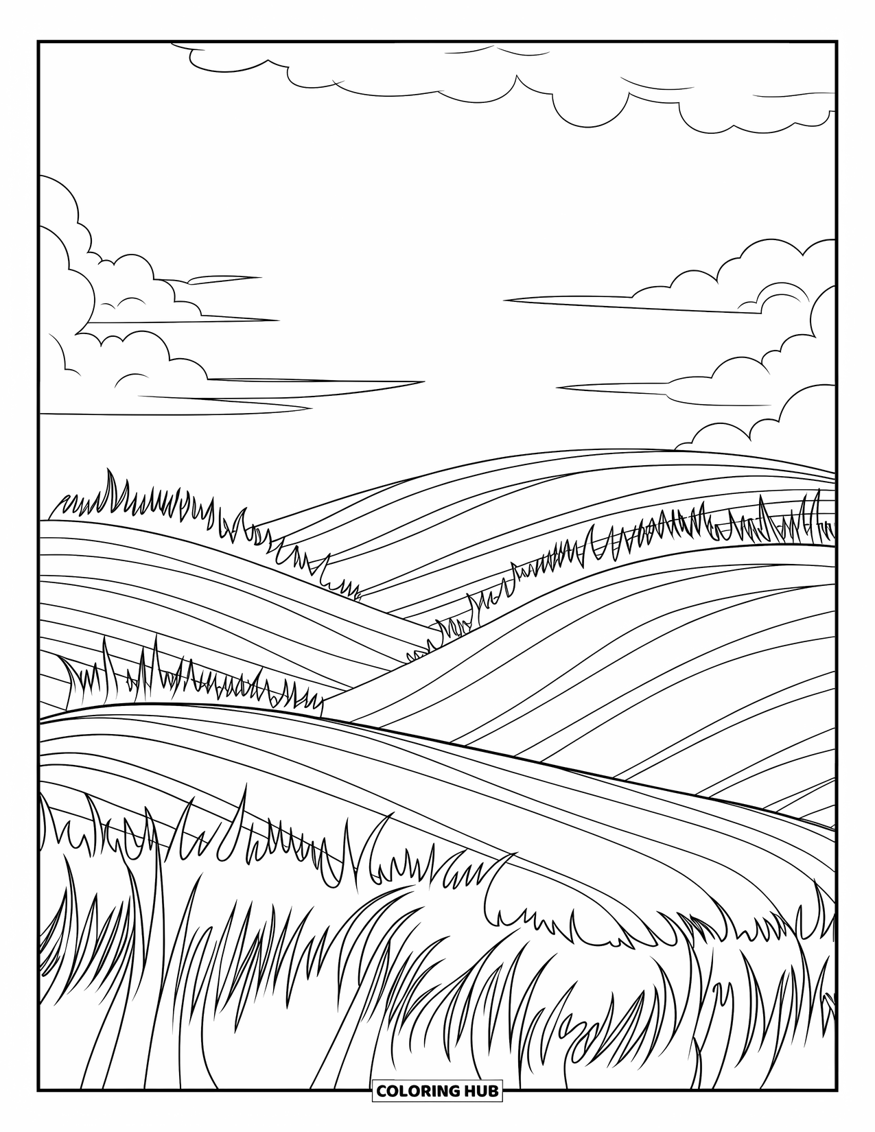 Grass Coloring Page for Kids: Wavy grass layers flow across soft, grassy fields