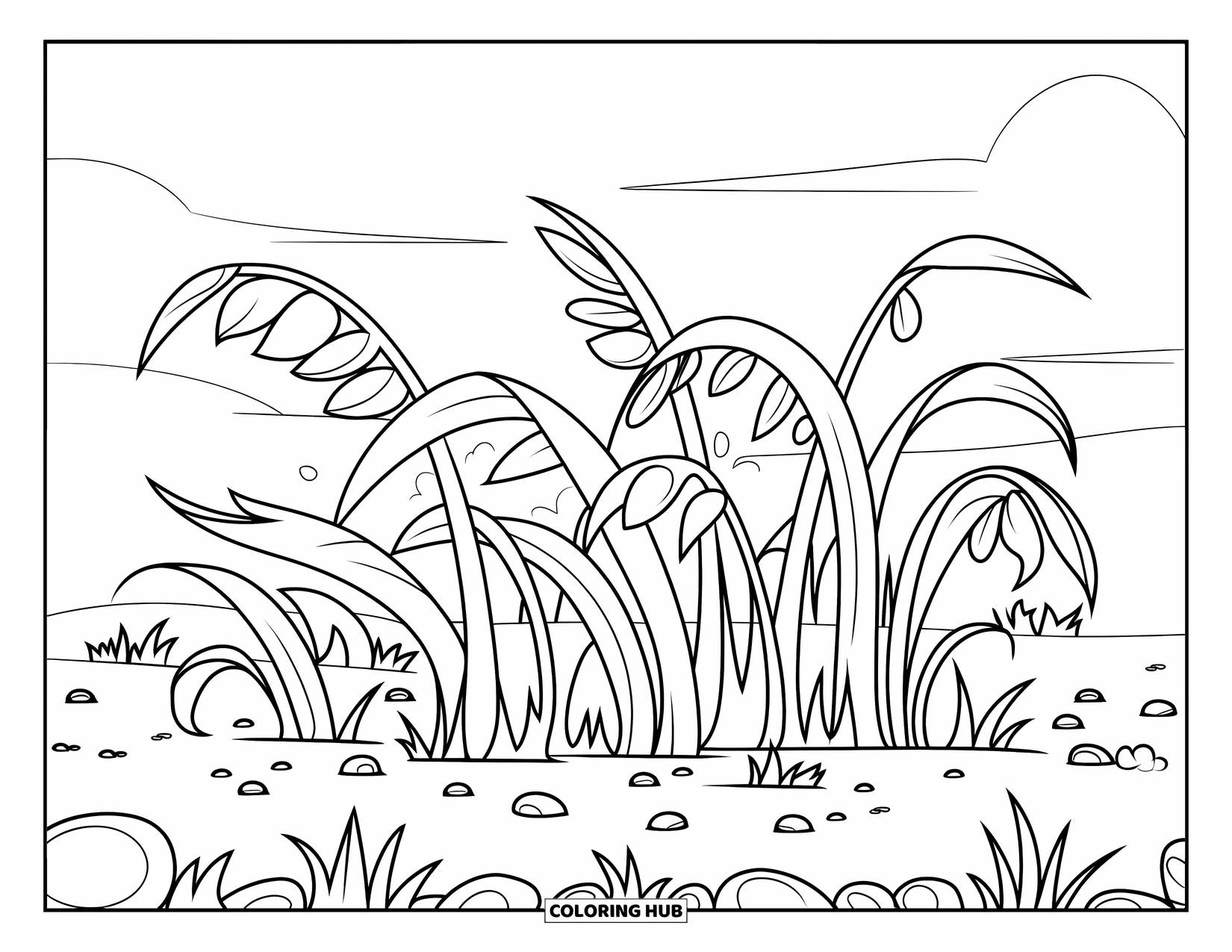 Grass Coloring Page for Kids: Wild grass and tiny rocks sit peacefully under fluffy clouds