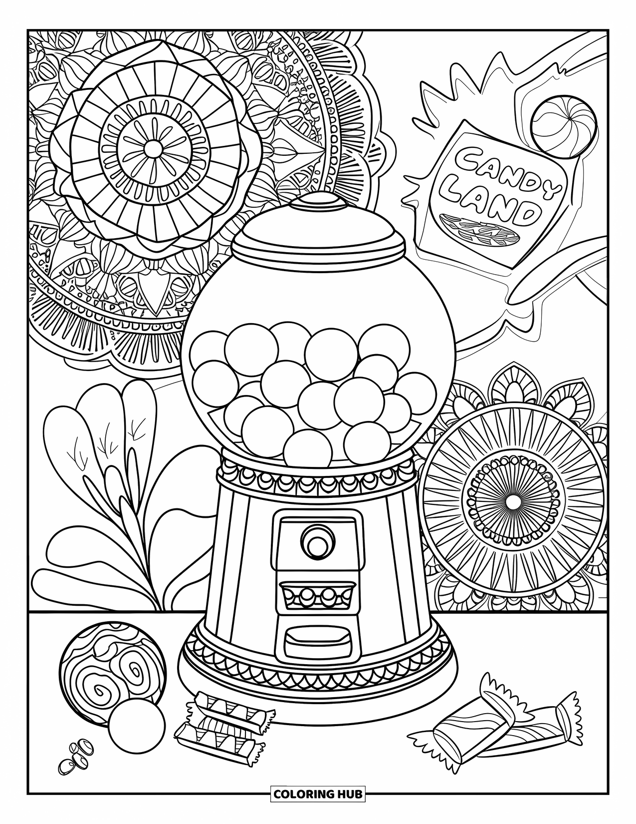Gumball Coloring Page for Adults: A gum-filled machine stands beside floral mandalas and candy with a bold "Candy Land" label