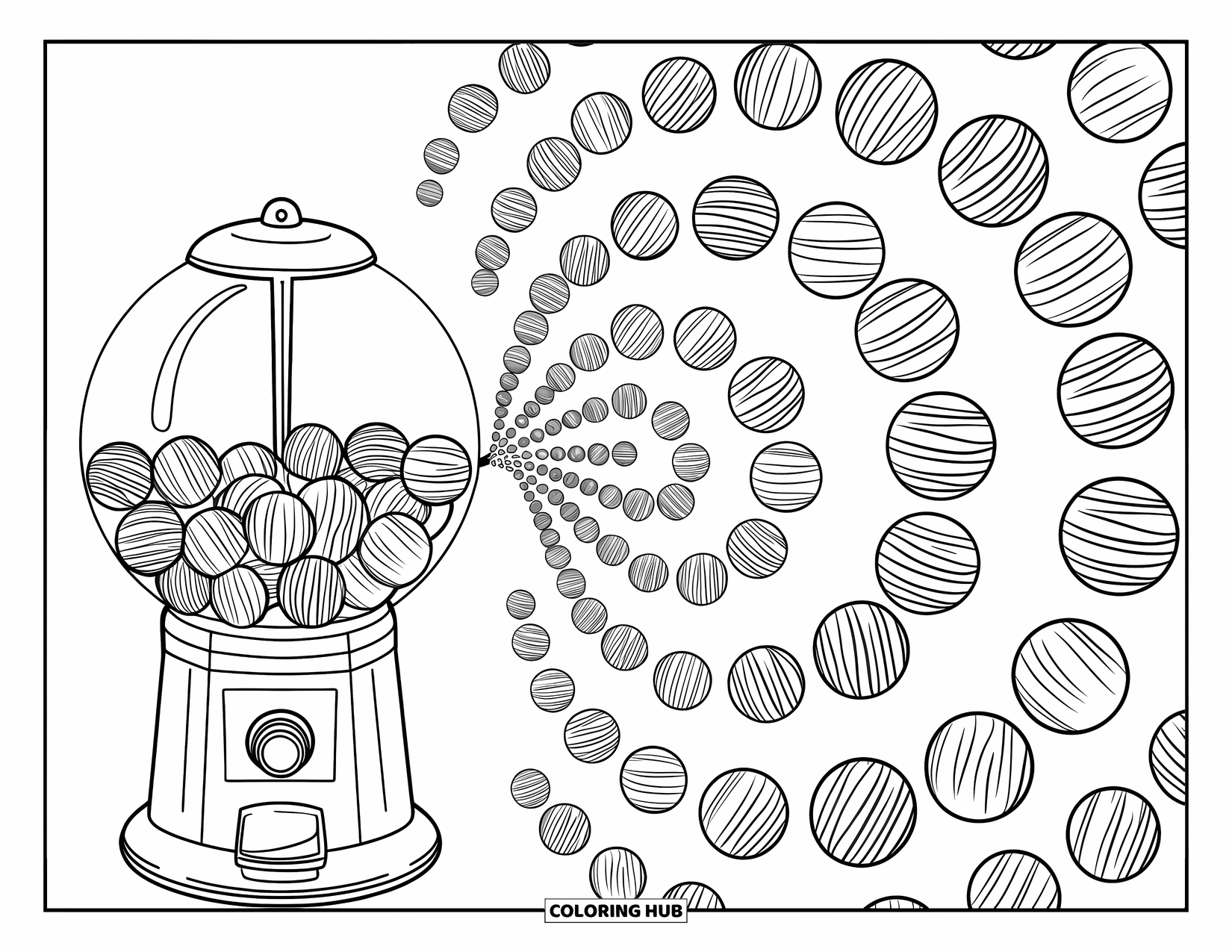 Gumball Coloring Page for Adults: A gumball machine releases gumballs into a swirling spiral pattern