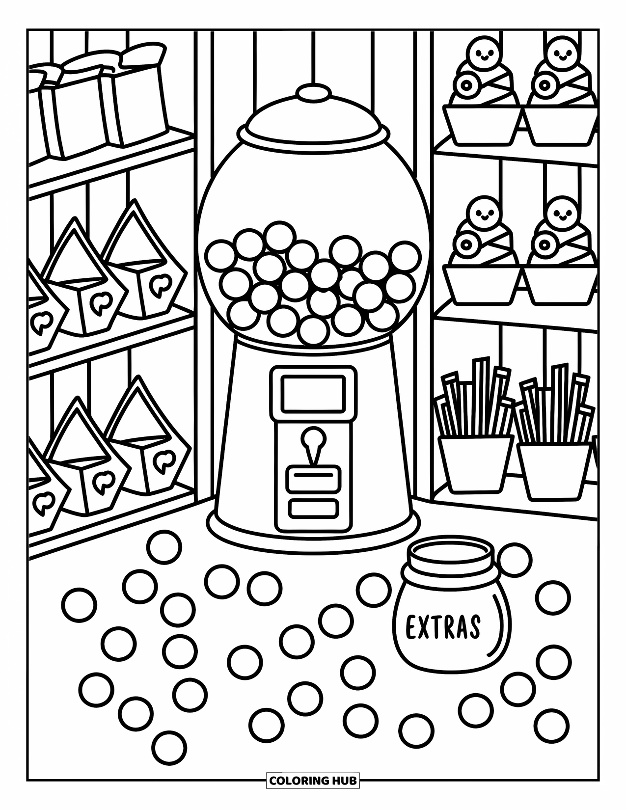 Gumball Coloring Page for Adults: A gumball machine stands near candy shelves, with gumballs spilling into a jar marked ìextras.î