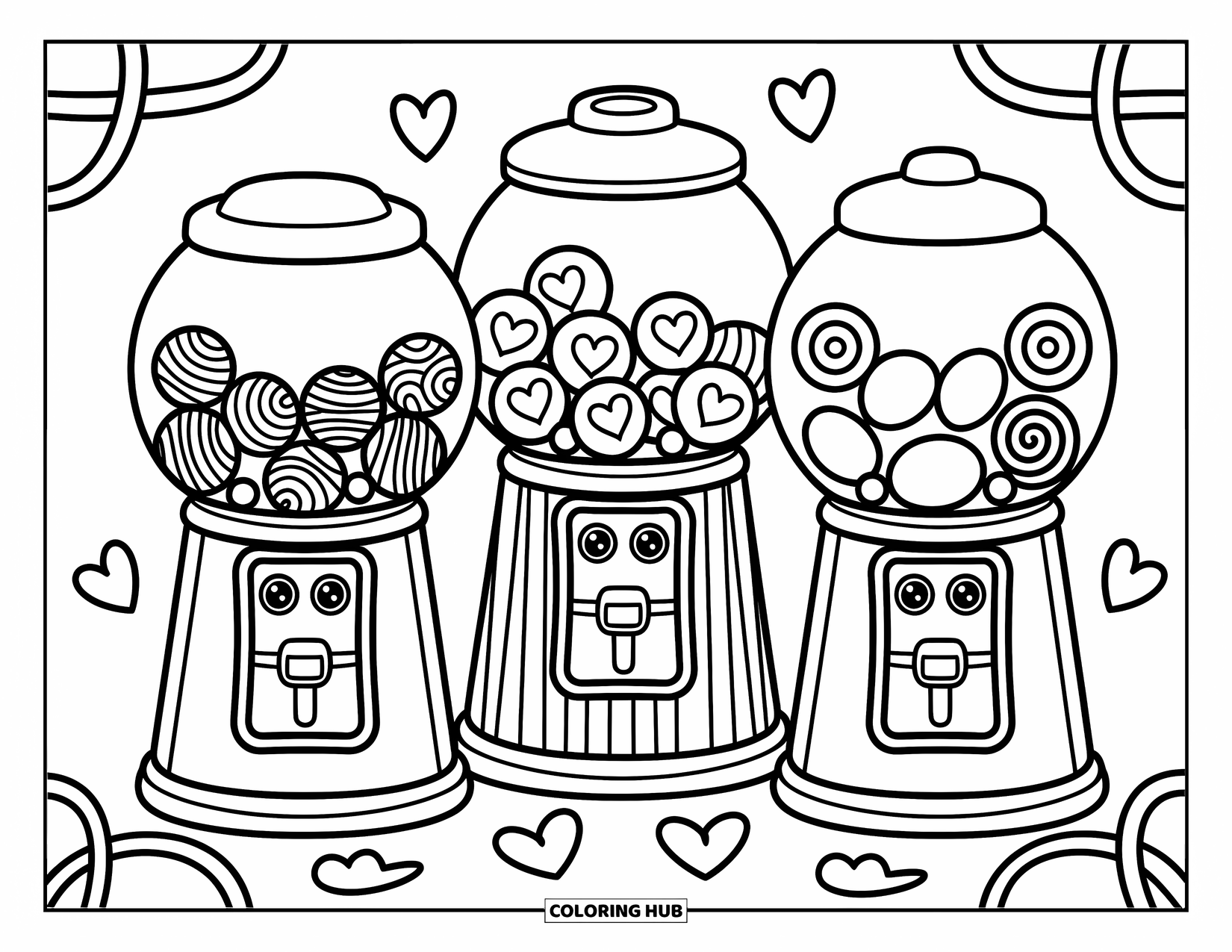 Gumball Coloring Page for Adults: A jelly dome, striped cylinder, and globe machine stand full of cute candy shapes