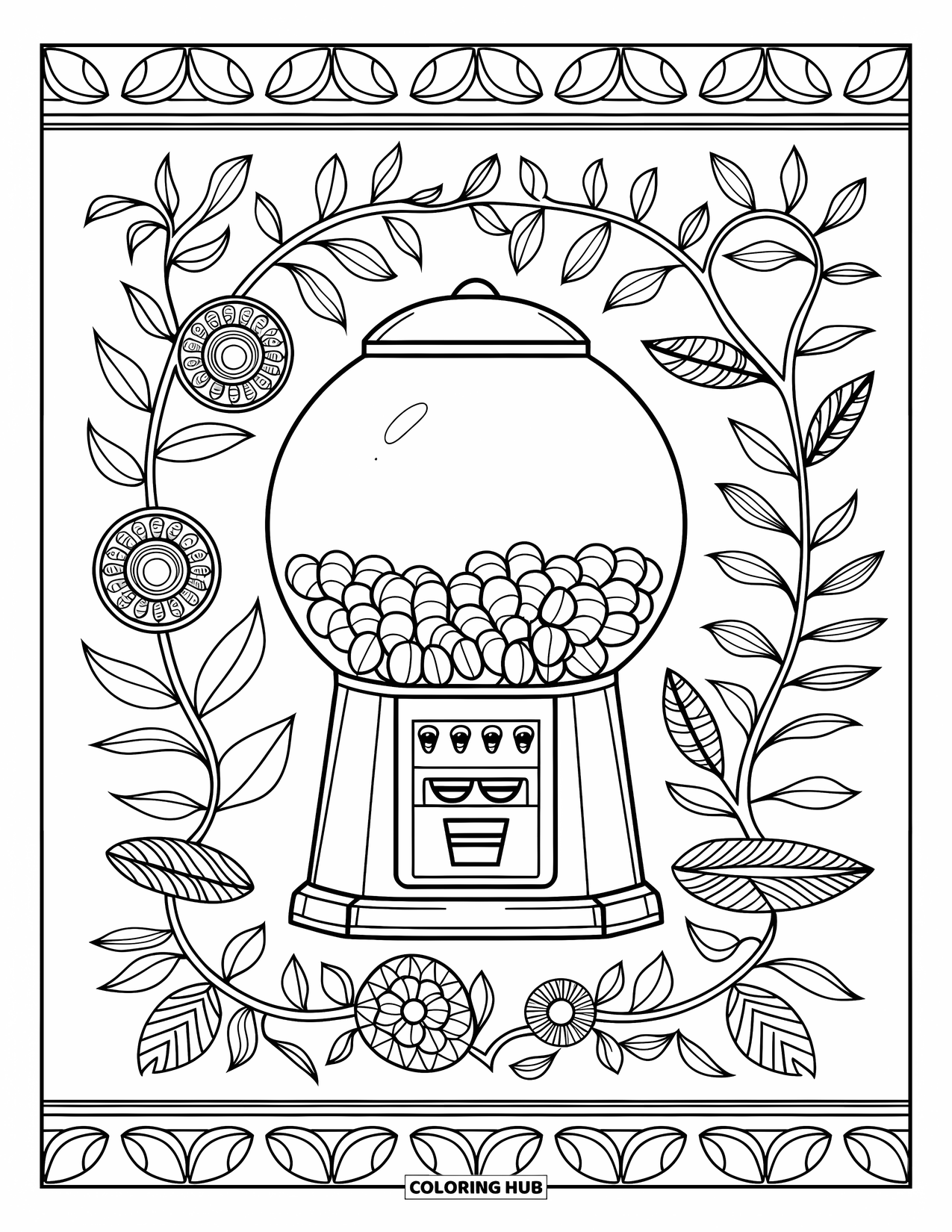 Gumball Coloring Page for Adults: A smiling candy machine is surrounded by swirling leaves, flowers, and a leafy border