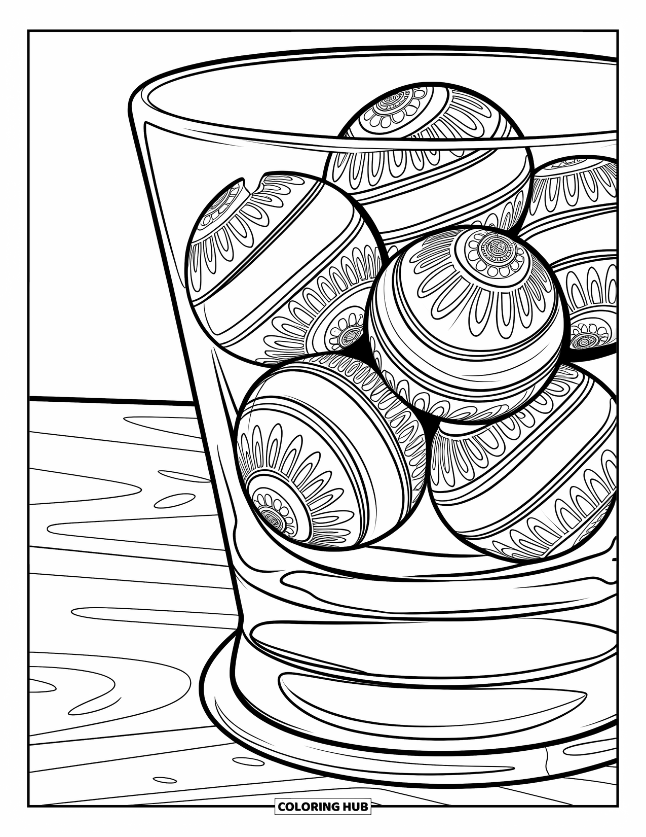 Gumball Coloring Page for Adults: A wooden-based glass holds gumballs with ornate patterns and a plain background