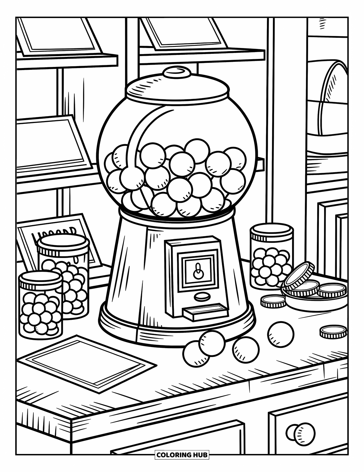 Gumball Coloring Page for Adults: A wooden counter holds a gumball machine with candy, coins, and cheerful shop clutter