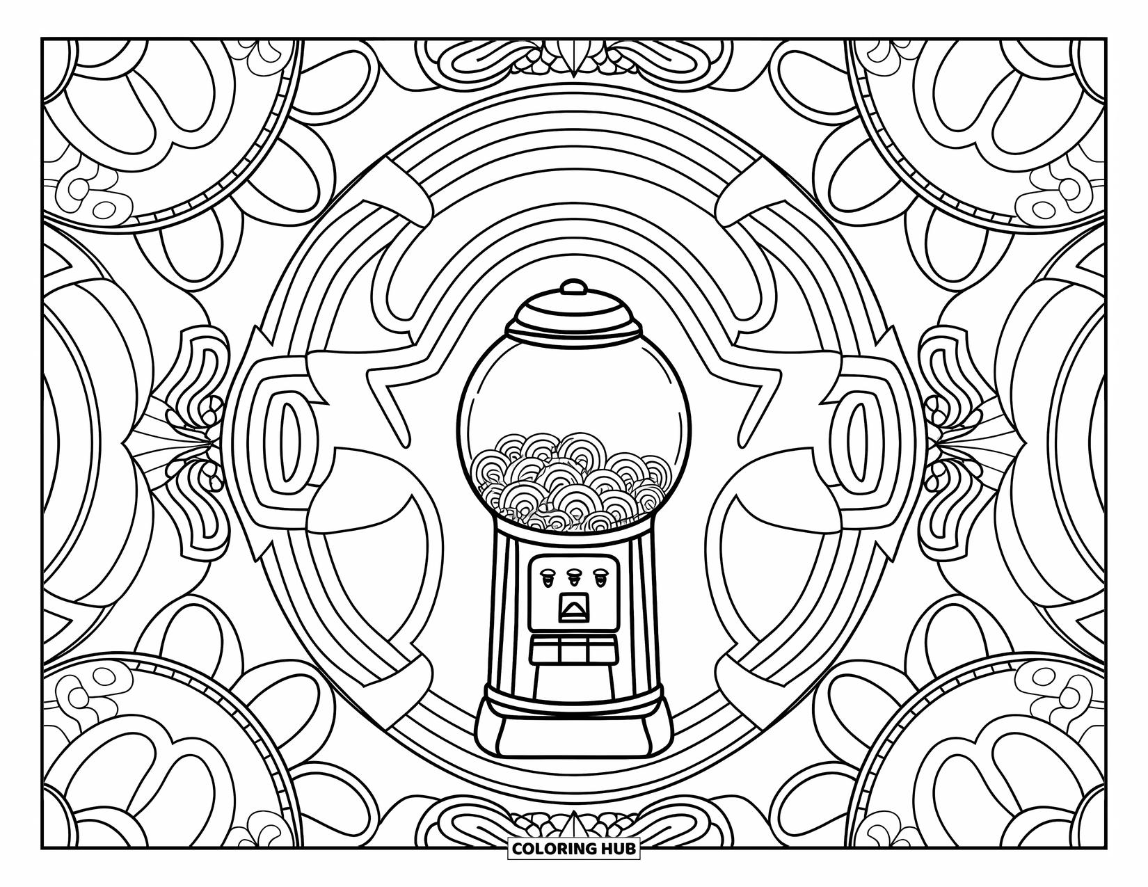 Gumball Coloring Page for Adults: A zen-style background of circles surrounds a gumball machine at the center