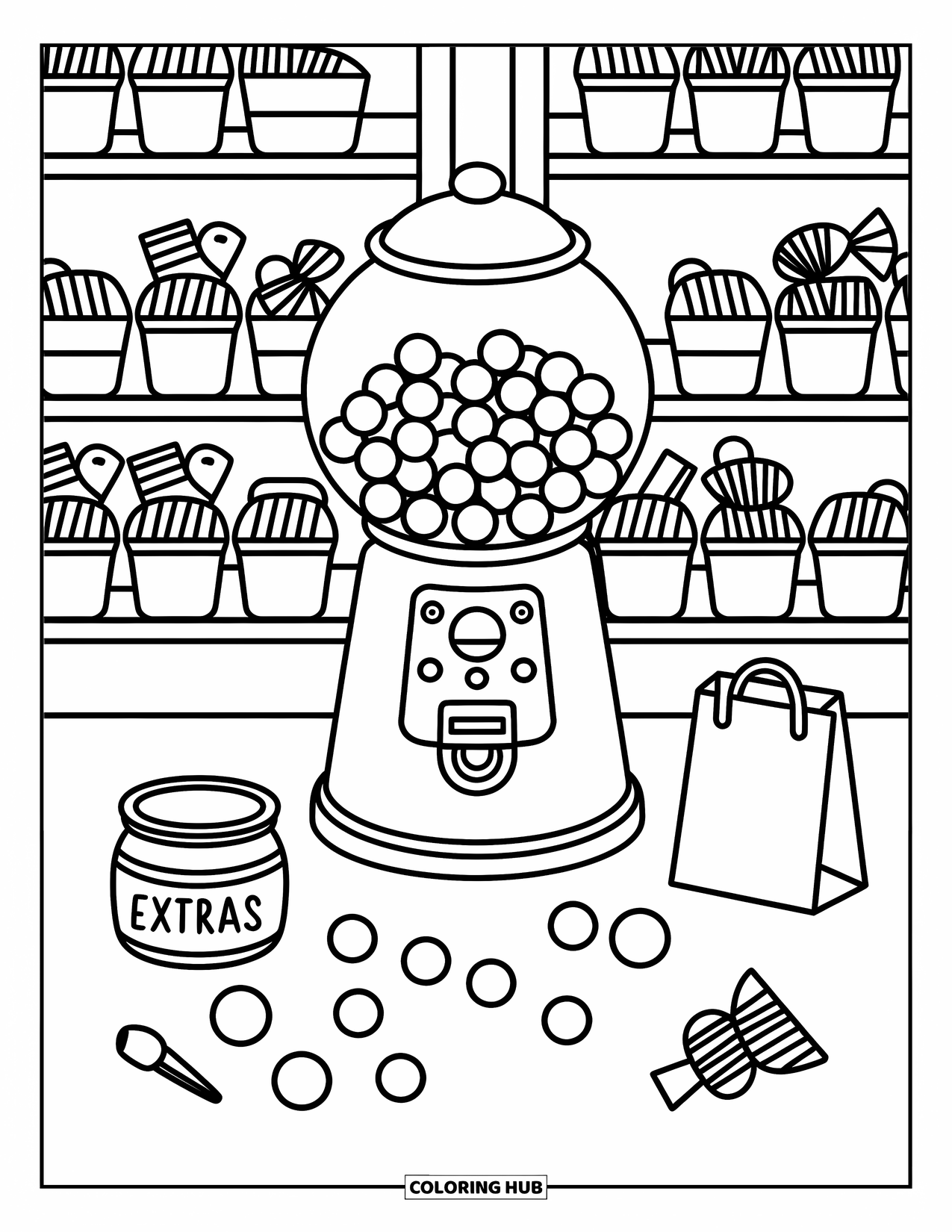 Gumball Coloring Page for Adults: Scattered gumballs and candy scoops fill a shop corner with a cheerful gumball machine