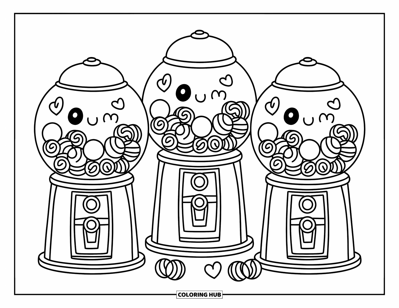 Gumball Coloring Page for Adults: Three playful gumball machines hold hearts, swirls, and fun patterns side by side