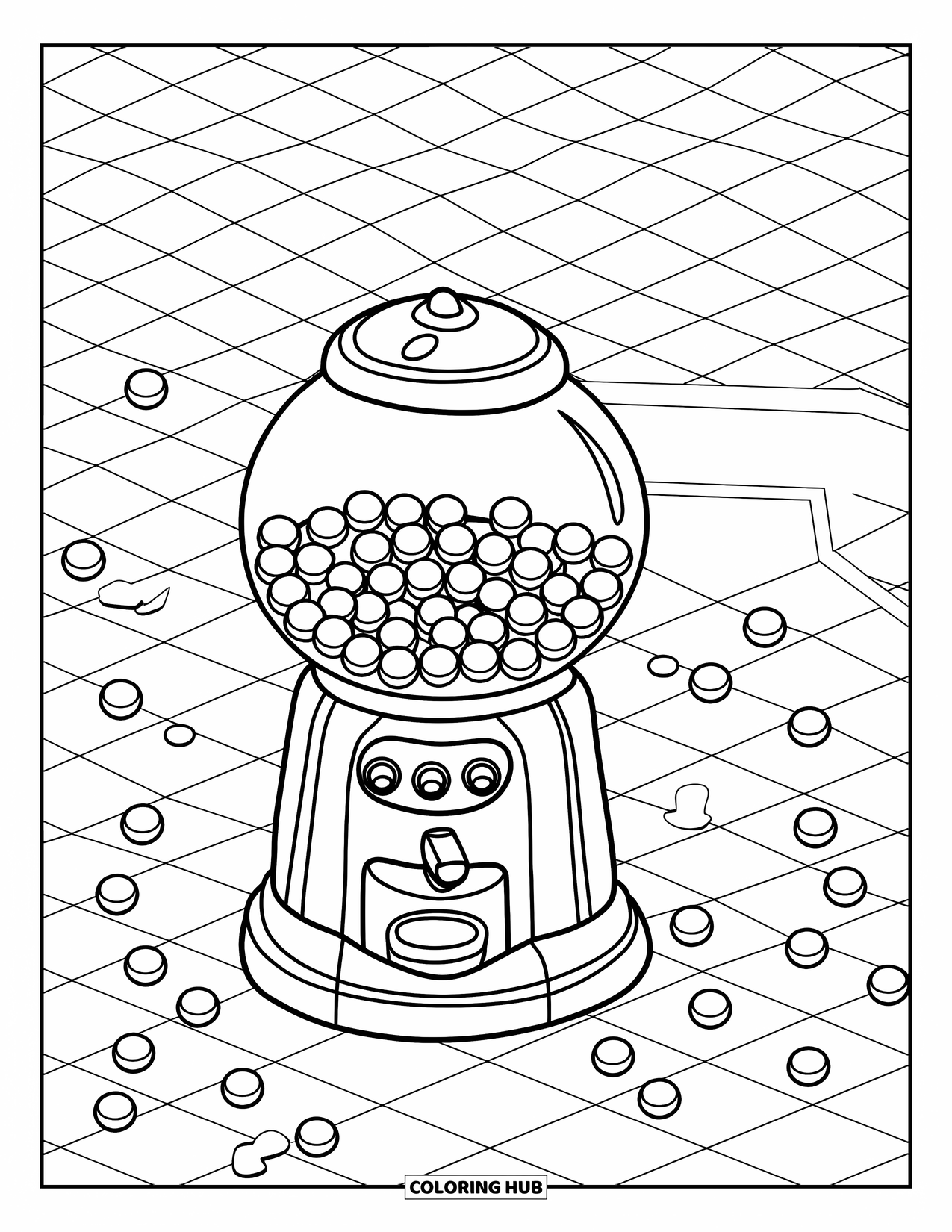 Gumball Coloring Page for Kids: A candy-filled globe sits on a checkered floor with scattered sweets all around