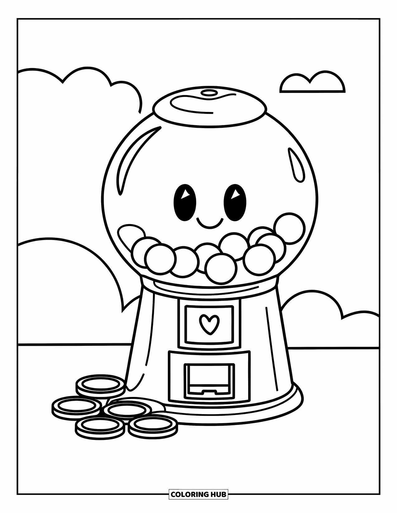 Gumball Coloring Page for Kids: A candy machine with a heart window smiles next to stacked coins and a cloud