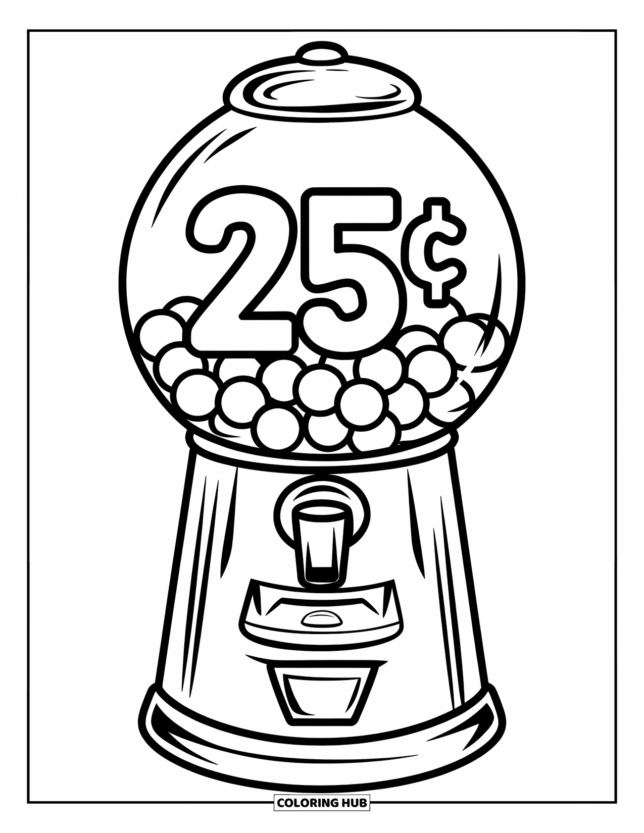 Gumball Coloring Page for Kids: A candy machine with a spout and handle stands proudly under a "25¢" sign