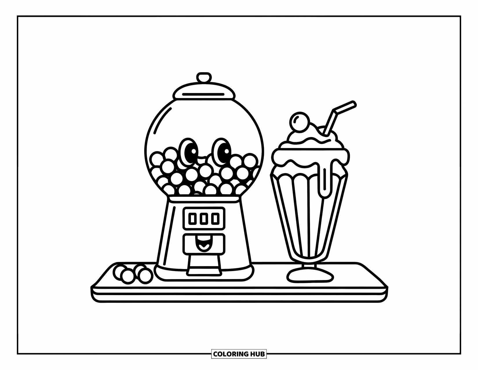 Gumball Coloring Page for Kids: A cheerful gumball machine and milkshake sit on a diner counter with scattered sweets