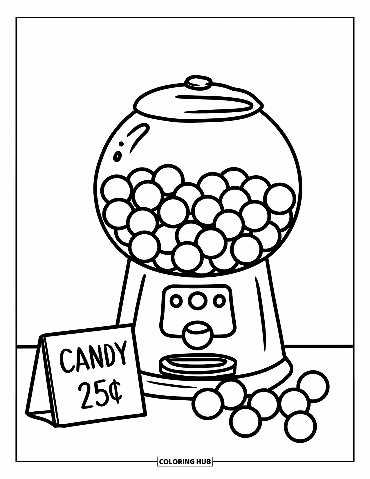 Gumball Coloring Page for Kids: A cheerful gumball machine sits on a counter with scattered gumballs and a price sign