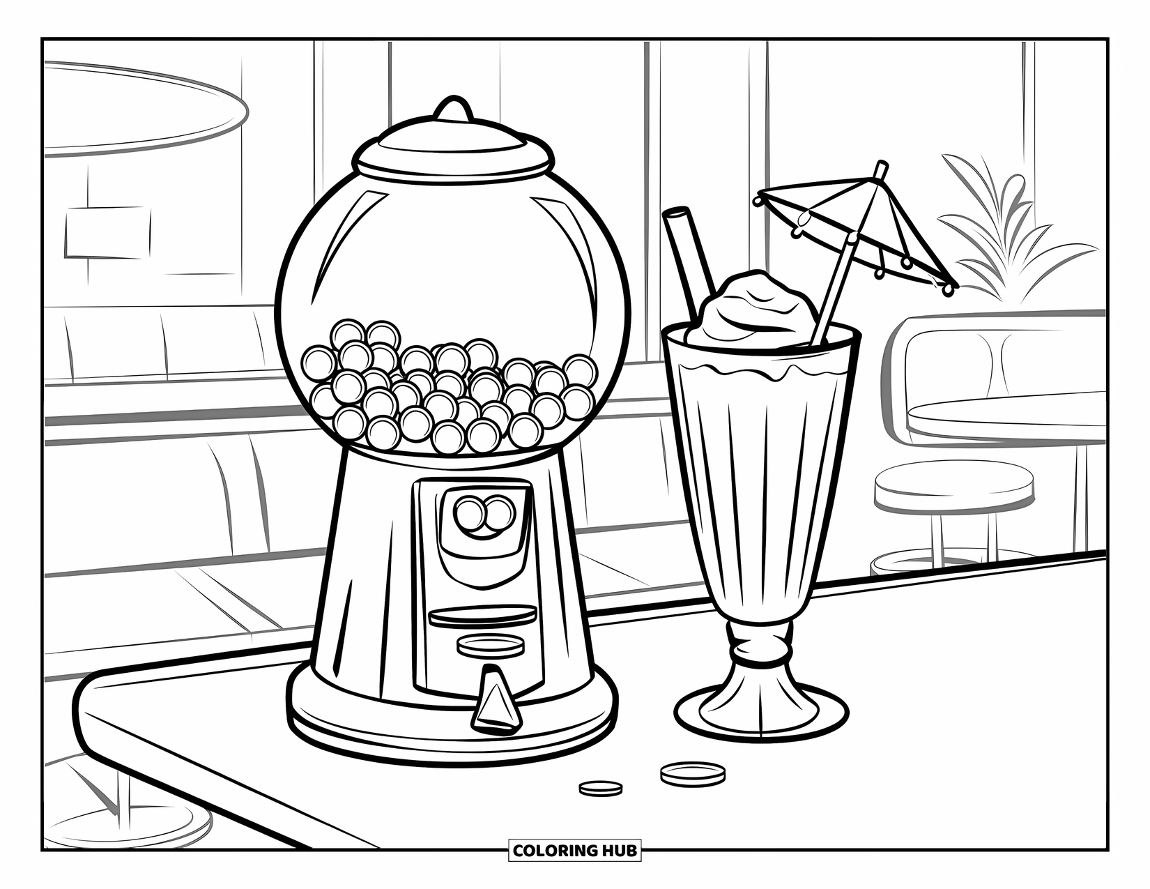 Gumball Coloring Page for Kids: A cone-topped gumball machine and milkshake rest on a diner counter with coins nearby
